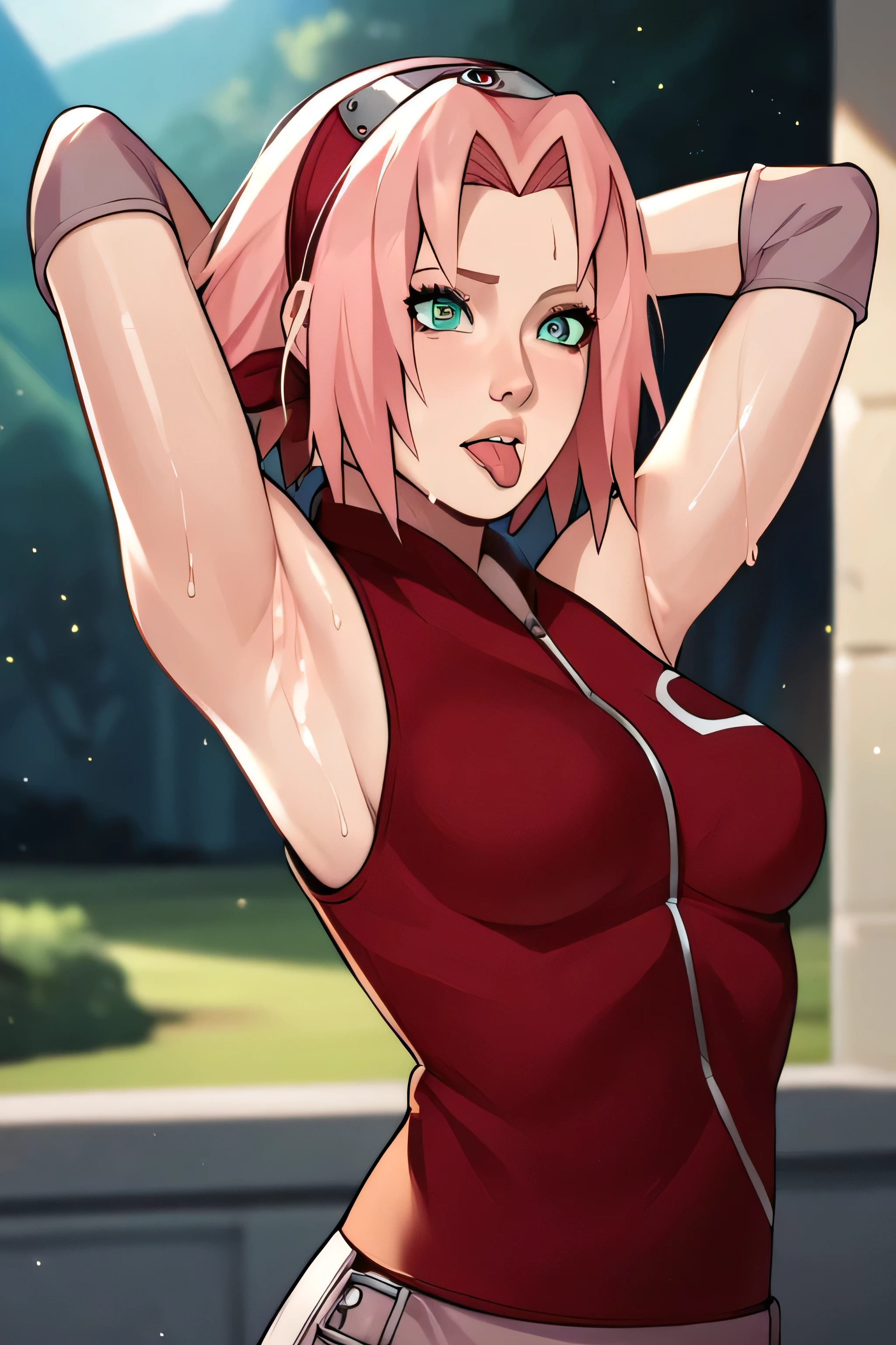 score_9,score_8_up,score_7_up,score_6_up,score_5_up,score_4_up BREAK skinny,choker,medium breasts,detached sleeves,outdoors,forest,shiny skin,bokeh,bloom,indoors,light particles,castle,space,1girl,haruno sakura,pink hair,short,hair,green eyes,forehead protector,,sleeveless,arms behind head,armpit,armpits,sweaty,sweat,arms behind head,exhausted,sleeveless,cross eyed,sweaty armpits,eyes crossed,cross eyed,eyeroll,tongue out,protruded tongue,showing tongue,tongue