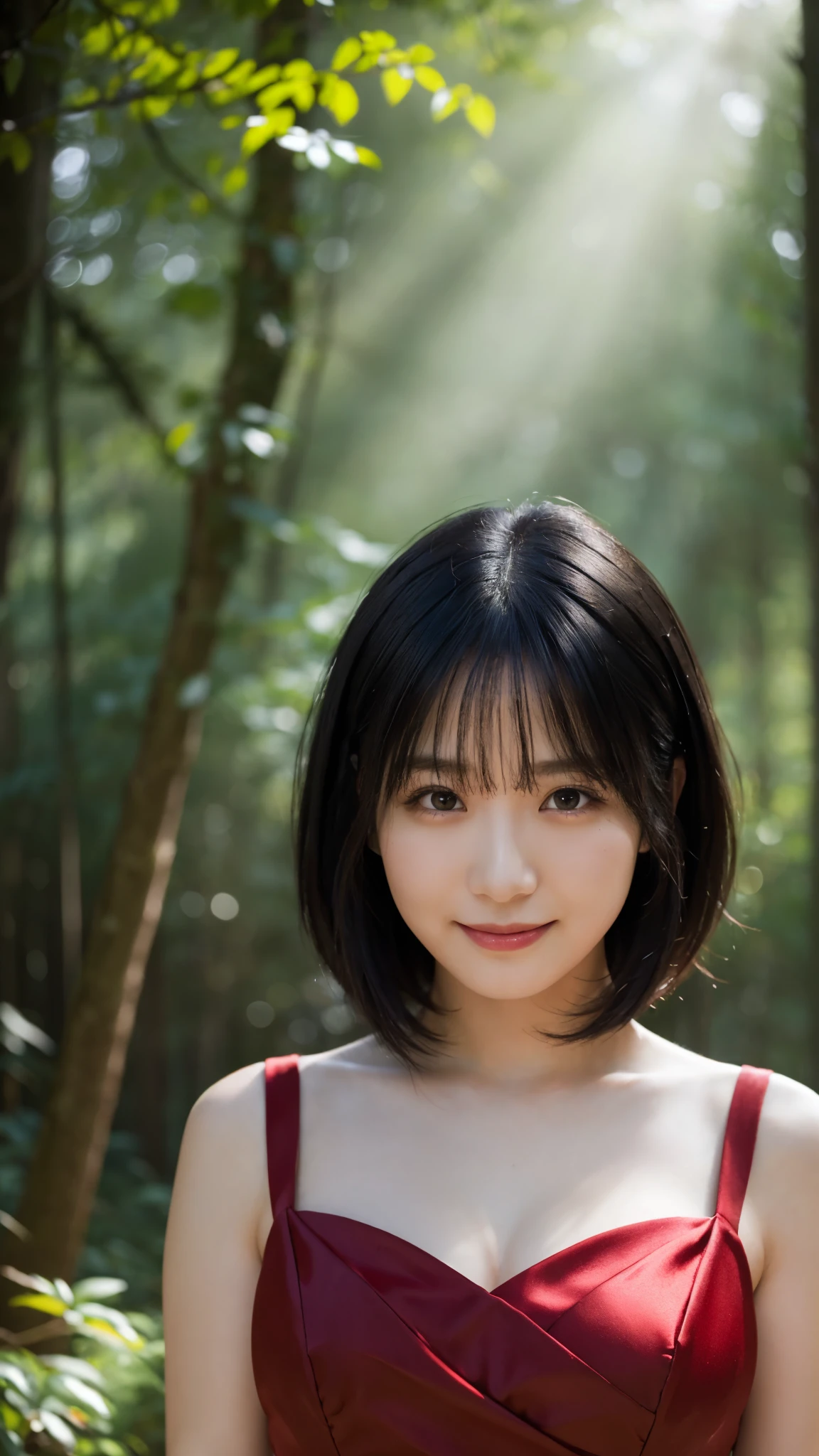 (highest quality,masterpiece:1.3,Ultra-high resolution),(Super detailed,Caustics,8k), (Photorealistic:1.4, RAW shooting),(A forest shrouded in a mysterious, dense fog),Sunlight filtering through the trees ,Light pours down,20-year-old,cute,Are standing,(smile),Looking into the camera,Black Hair Middle Hair,(Crimson Dress), (Bust up shot),Natural light