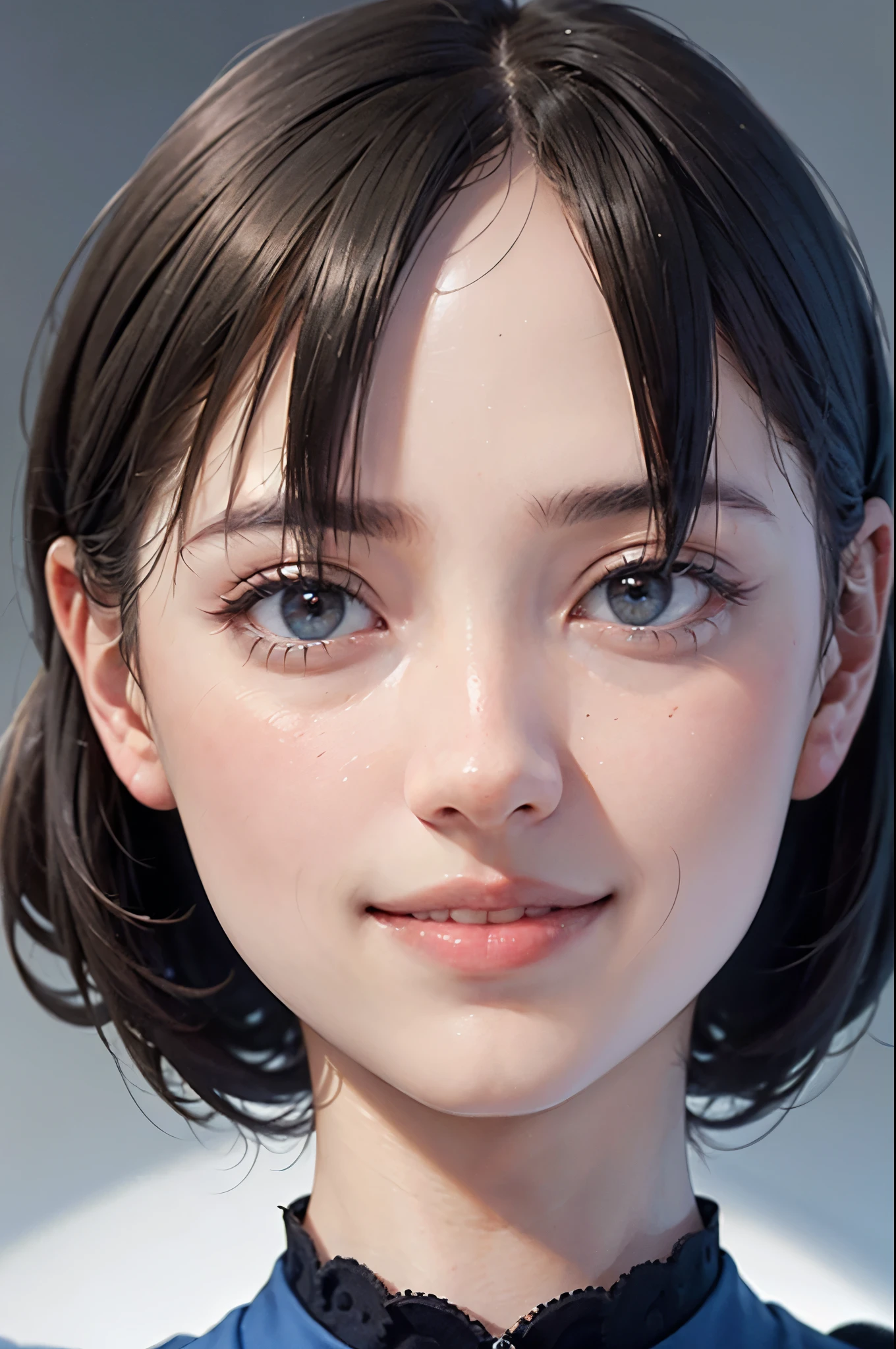 "(highest quality,8k,High resolution,masterpiece:1.2),Very detailed,(Realistic,photoRealistic,photo-Realistic:1.37),(Realistic:1.37),One beautiful woman、short hair,Deep black eyes,21 years old,Light brown hair,Blue clothes,Blue Uniform,Moderate:Oil,Portrait of a Woman,smile,Vibrant colors,Soft lighting,Studio settings,Fine brushwork,White skin,Gentle expression,Subtle highlights,Thin hair bundle,A confident gaze,Classic black and white palette,Dramatic contrast,Bold composition,Mystery hint,Refined elegance,Professional Poses,Graceful posture,Perfect detail,Smooth skin texture,Perfect symmetry,The beauty of film: a mysterious smile,Sublime Art