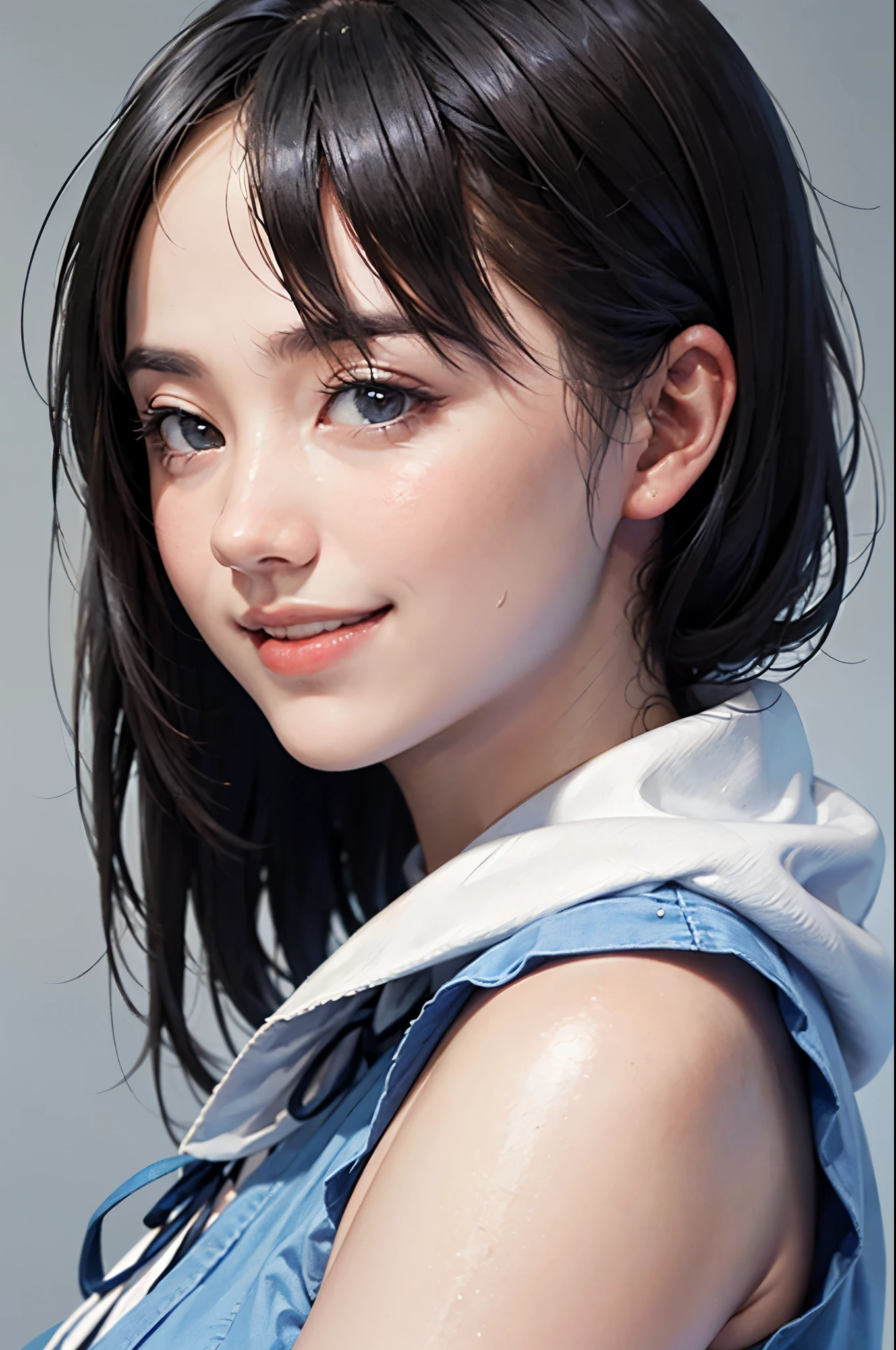 "(highest quality,8k,High resolution,masterpiece:1.2),Very detailed,(Realistic,photoRealistic,photo-Realistic:1.37),(Realistic:1.37),One beautiful woman、short hair,Deep black eyes,21 years old,Light brown hair,Blue clothes,Blue Uniform,Moderate:Oil,Portrait of a Woman,smile,Vibrant colors,Soft lighting,Studio settings,Fine brushwork,White skin,Gentle expression,Subtle highlights,Thin hair bundle,A confident gaze,Classic black and white palette,Dramatic contrast,Bold composition,Mystery hint,Refined elegance,Professional Poses,Graceful posture,Perfect detail,Smooth skin texture,Perfect symmetry,The beauty of film: a mysterious smile,Sublime Art