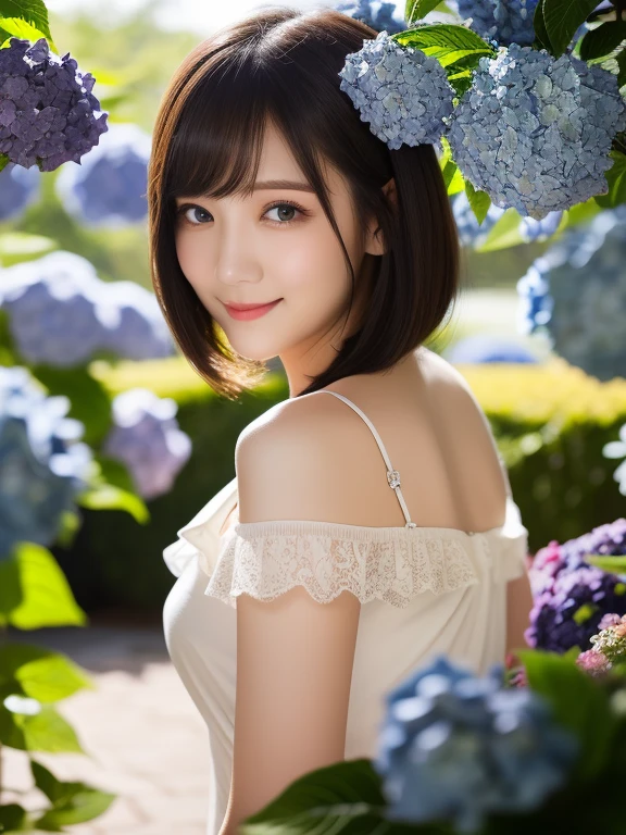 (masterpiece、Highest quality、Official Art:1.2)、Fantasy、Wisteria in full bloom on the wisteria trellis、Summer sunshine、A cute 16 year old girl looks up and admires the wisteria flowers.、Cumulonimbus、High resolution、32k、Accuracy、Where are the clouds?？here it is、Superior Quality、super High resolution,Big shy smile ,Peekaboo、Point to your cheek , Detailed skin
