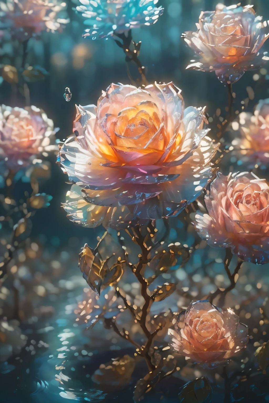 (((Intricate details:1.4))), (((Crazy details:1.4))),(((best quality:1.3))), (((Soft colors 4k highly detailed digital art:1.3))). | close up:Delicate water splashes form magical rose flowers, Like water reflecting light, Every drop of water is carefully drawn,And used the master-level gouache painting technique,Surrounded by the mysterious atmosphere of light and shadow art, Water splashes everywhere, good environment, Cleverly illuminated,fantasy art behance,Surrealism, its beauty and power captured,It gives people a solemn atmosphere.