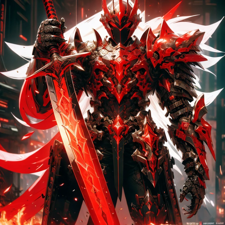 (masterpiece, best quality:1.2), a subject, A warrior in armour techno fantasy style, holy sword,(technological aggressive design), cyberpunk, 4K, UHD, (Photorealistic:1.4),Ultra high resolution, masterpiece, ultra realistic, ultra nitide, insane details, red and black color, (fire themed), ((face open discovery)), handling a red technofantasy decoured katana
