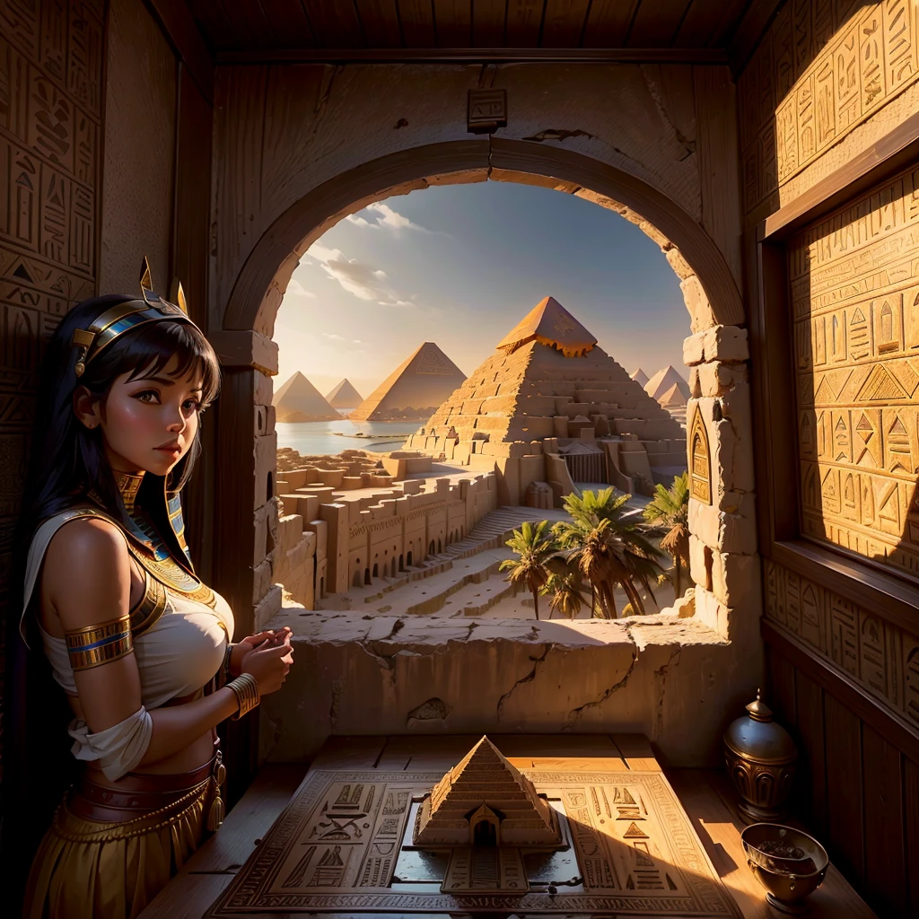 A beautiful Woman looks in amazement from inside the Pyramid (home) at the beautiful exterior landscape of Egypt. Ancient Egyptian civilization, wide shot, the Nile River, new pyramid, pyramid building, modern Egypt but 3500 BC The river extends to the horizon, epic feeling, sensation of greatness. View from inside, top of a pyramid (the highest).