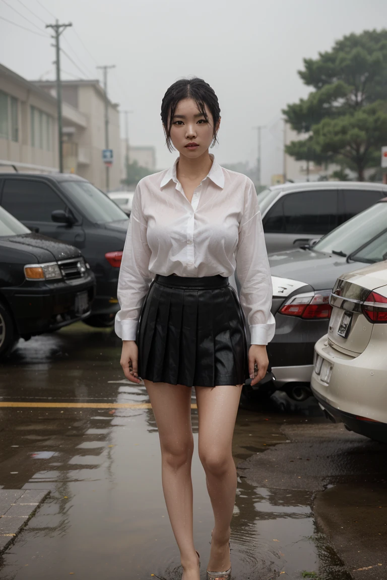 a korean woman in a white shirt and black pleated skirt, short hair, large breasts, a picture, tumblr, shin hanga, misty and wet, outside in parking lot, realistic. cheng yi, transparent cloth, full body