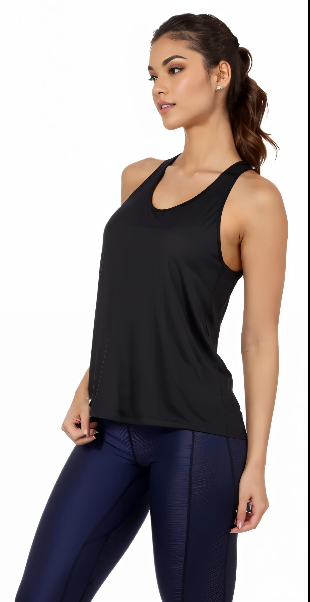 a woman in a preto tank top and leggings poses for a picture, she is wearing a preto tank top, preto tank top, preto tanktop, preto, tight preto tanktop, vestindo regata, Regata justa, wearing a preto cropped tank top, onyx, maxar, foto do produto, wearing a cropped preto tank top, vestindo uma camiseta muscular
