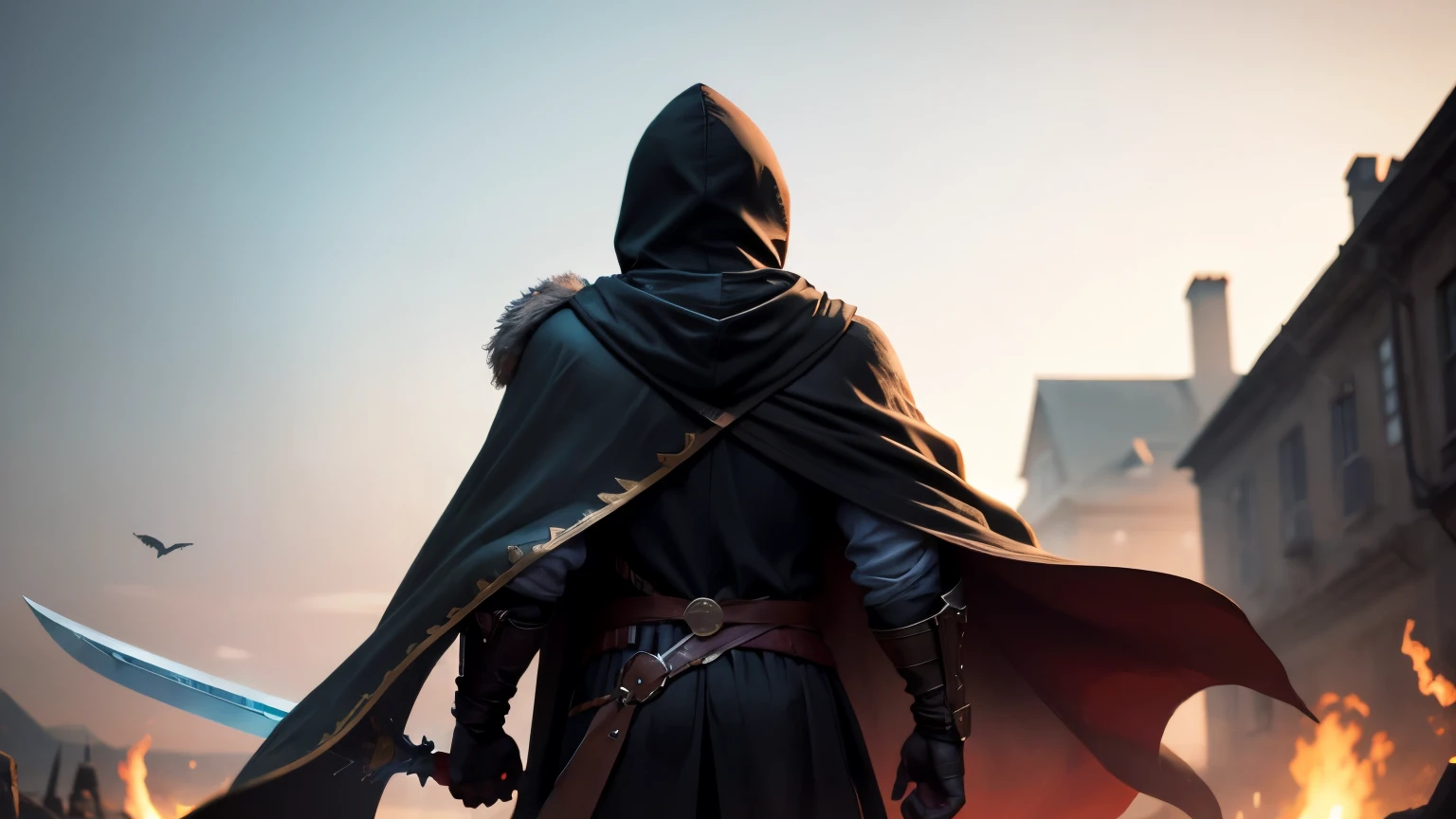 generate a man wearing black hood and cape holding a sword just standing, tranparent backround
back view and whole character view