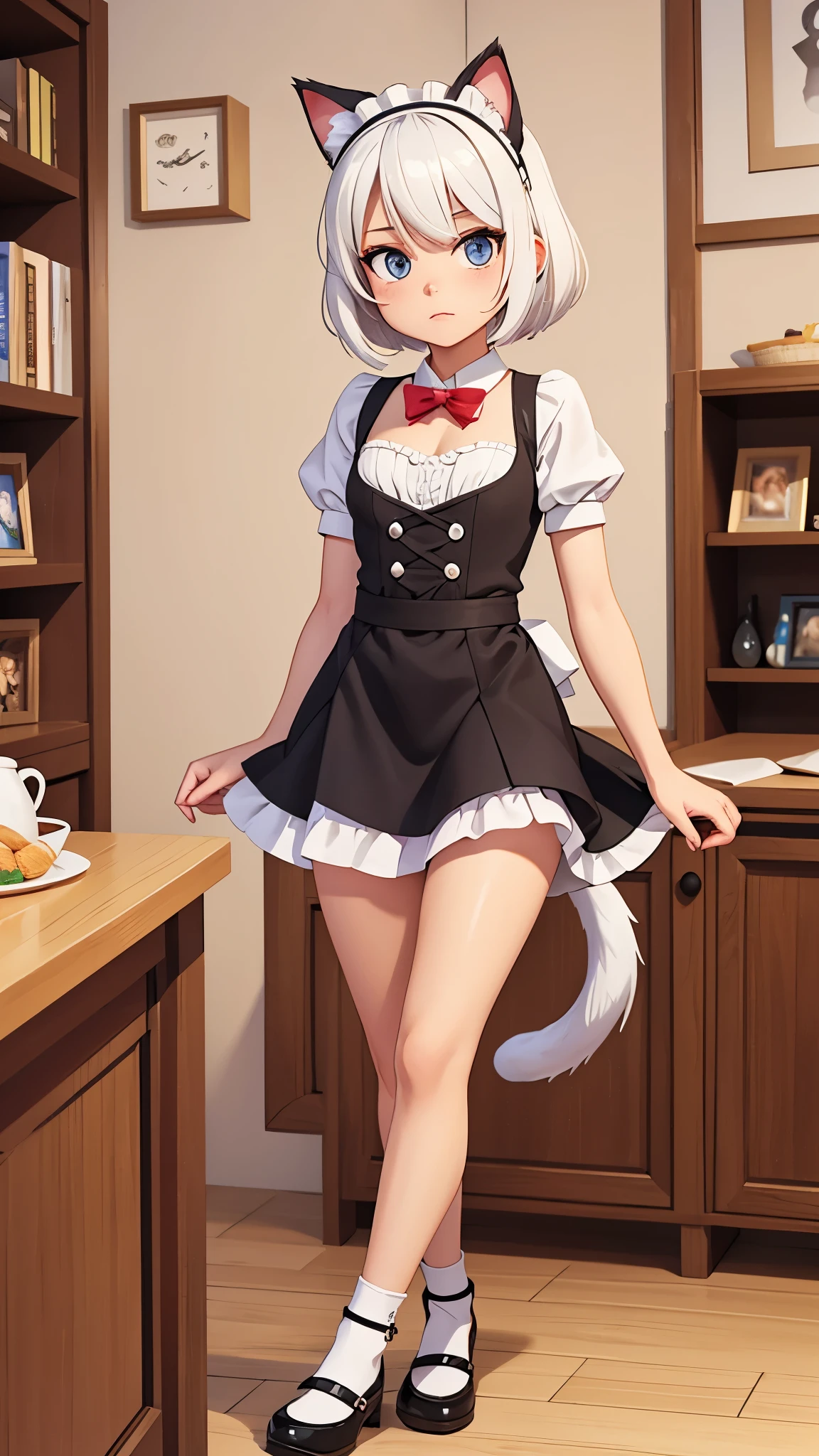 1girl, ebenya, looking at viewer, white hair, neko, cat ears, cat tail, open clothes, (maid, maid uniform), thin body, flat chest, sensual pose, Russian city, ba-shiroko, comics, fantasia, sfw, marvel e DC