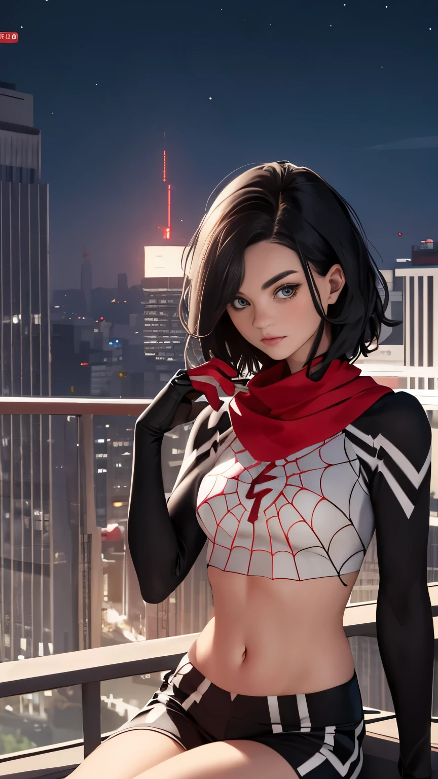 (Highly quality, masterpiece, detailed), Night city detailed scenario, night city detailed background, 20 years old girl, SplitScreen, split screen, solo, upper body, Gwen, blonde hair, multicolored hair, short hair, hairband, crop top, web-print, hood down, gloves, Angry, Standing, Navel, beautiful eyes, perfect eyes, looking at the viewer,