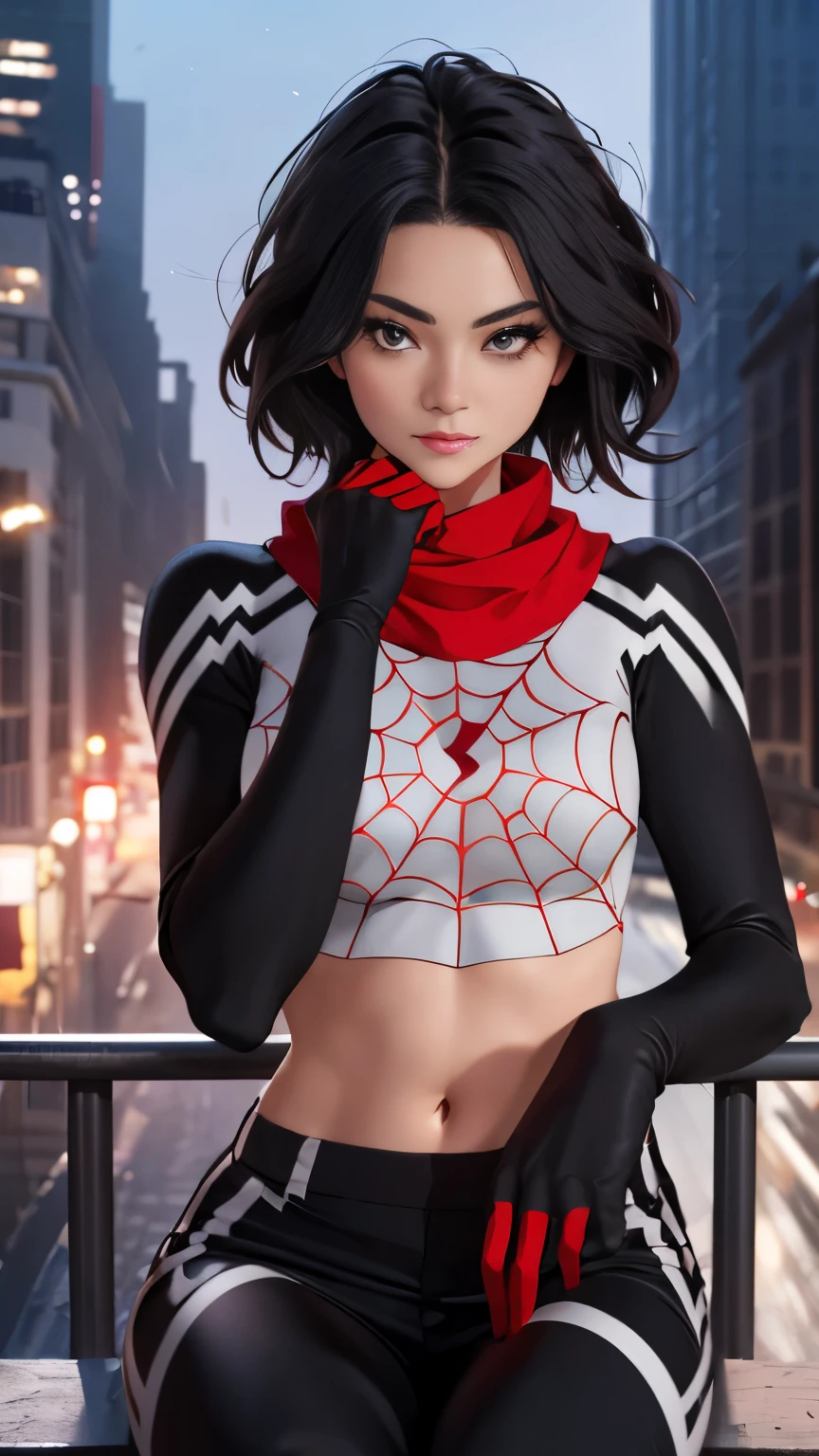 (Highly quality, masterpiece, detailed), Night city detailed scenario, night city detailed background, 20 years old girl, black hair, 1girl, CindyMoon, cindymoon, close-up, upper body, short hair, Black top, white top, black botton, white bottom, long bottom, spider web print, Crop top, Red scarf, Long Sleeves, Gloves, red finger gloves, Abdomen, Expressionless, sitting on top of a building, Navel, beautiful eyes, perfect eyes, looking at the viewer, Sexy pose