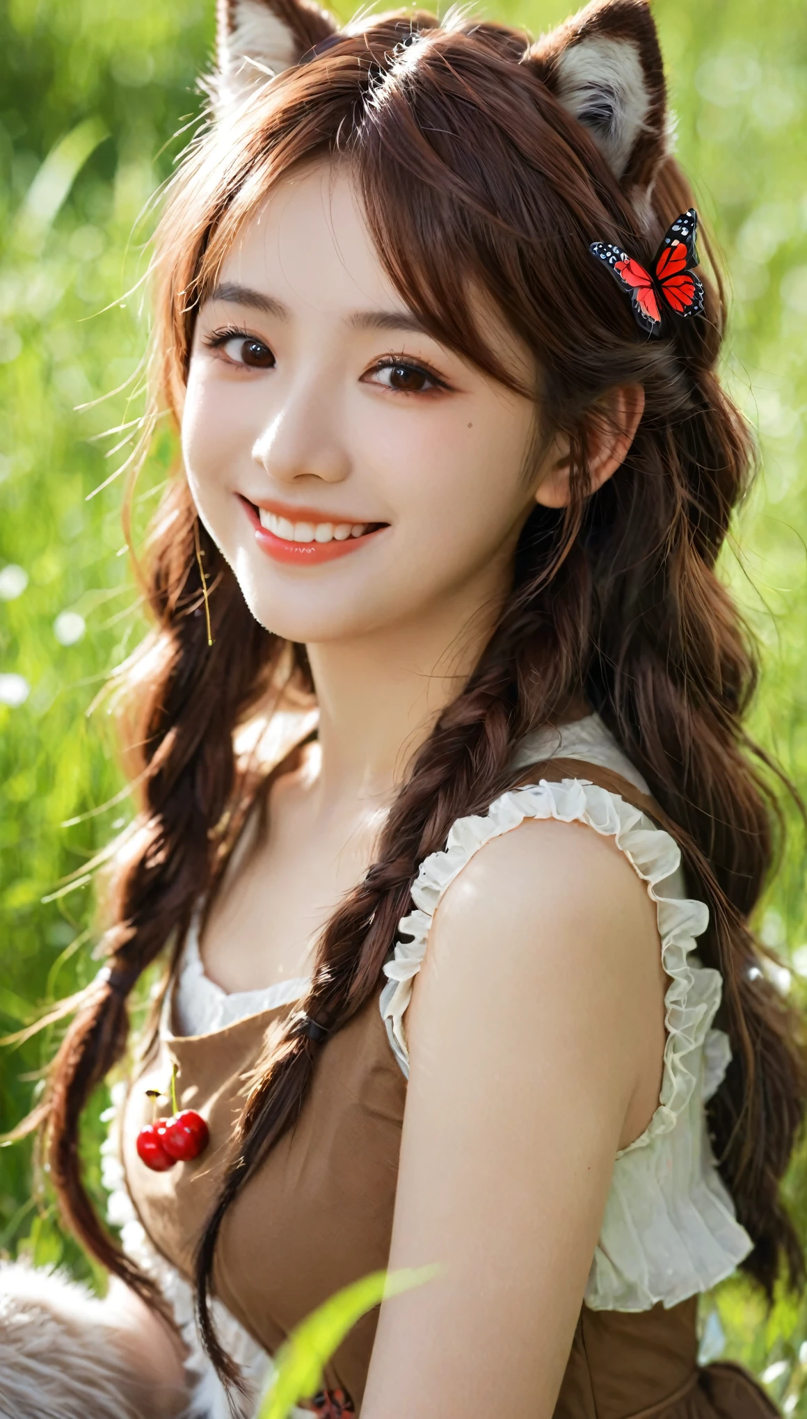 masterpiece,best quality, 1 Girl, Solitary, Smile, Smile, cherry, Dappled sunlight, Butterfly, grass animal ears,Wolf ears,Long hair, Tail, wolf Tail, Red Eyes, Wolf Girl,Brown hair,,