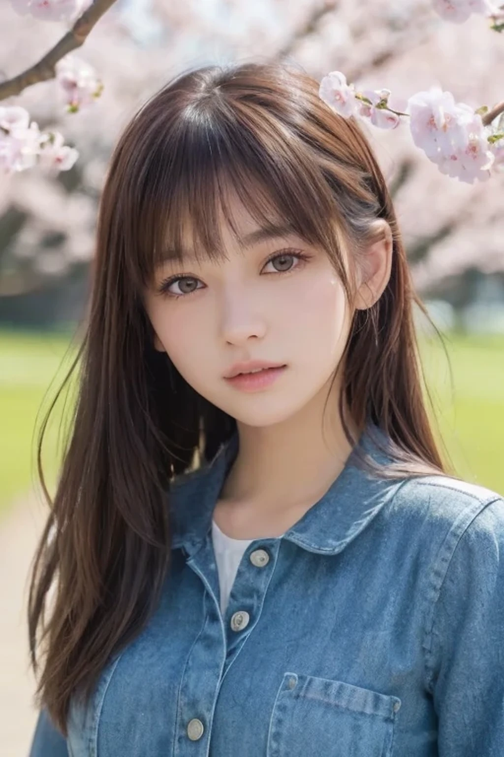 ((8K、Super detailed、highest quality))、(((beautiful girl)))、19 years old、Japanese、cute、bangs、(Depth of written boundary、Ultra-realistic:1.2)、(UHD、Realistic Textured Skin、Anatomically correct:1.3)、(super beautiful:1.5)、gravure、looking at the camera、Hokkaido、spring