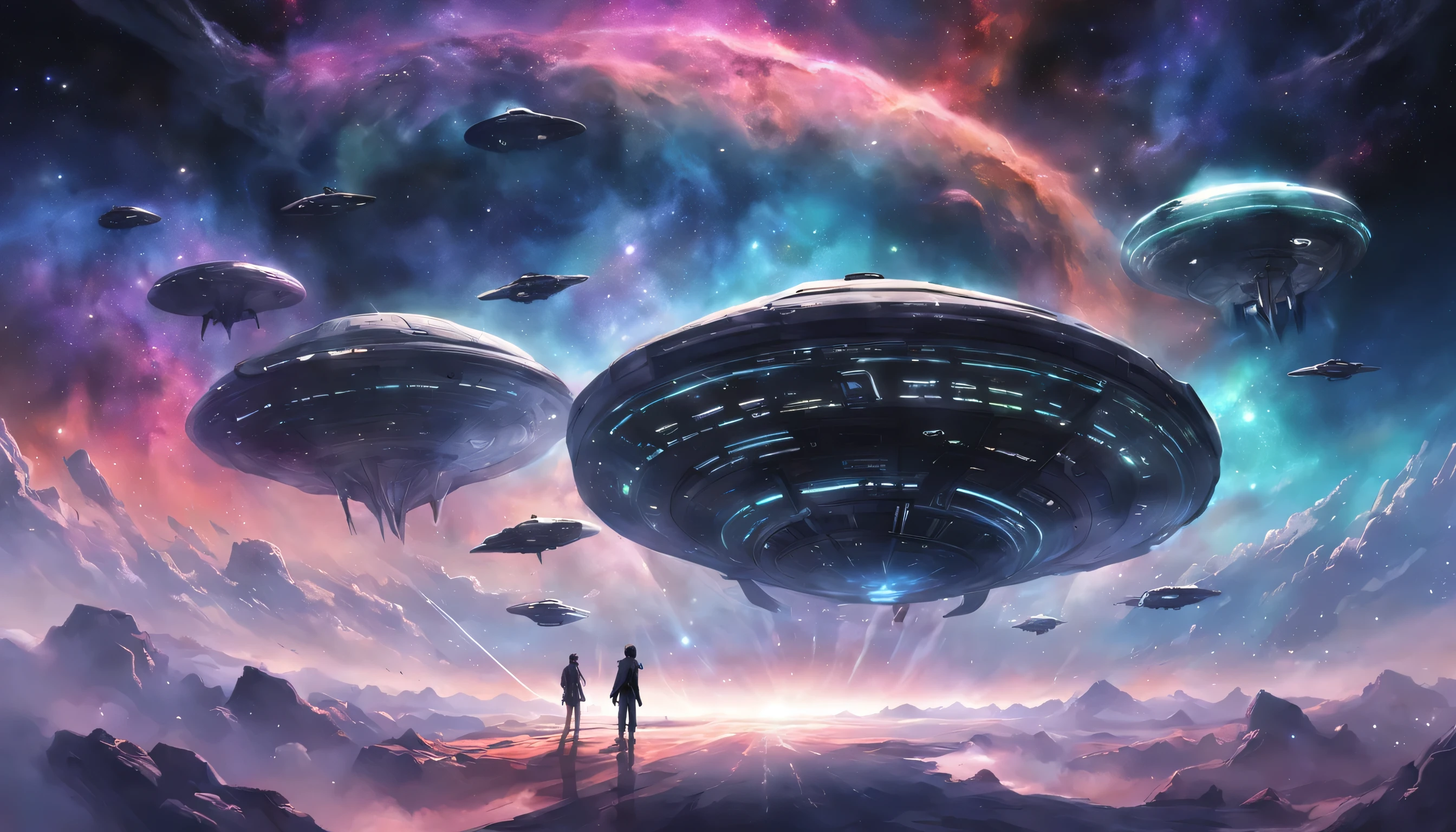 Illustrate a convoy of interstellar ships traveling through a nebula-rich region of space. Each vessel represents a different alien race, showcasing the unity and diversity of life in the intergalactic realm