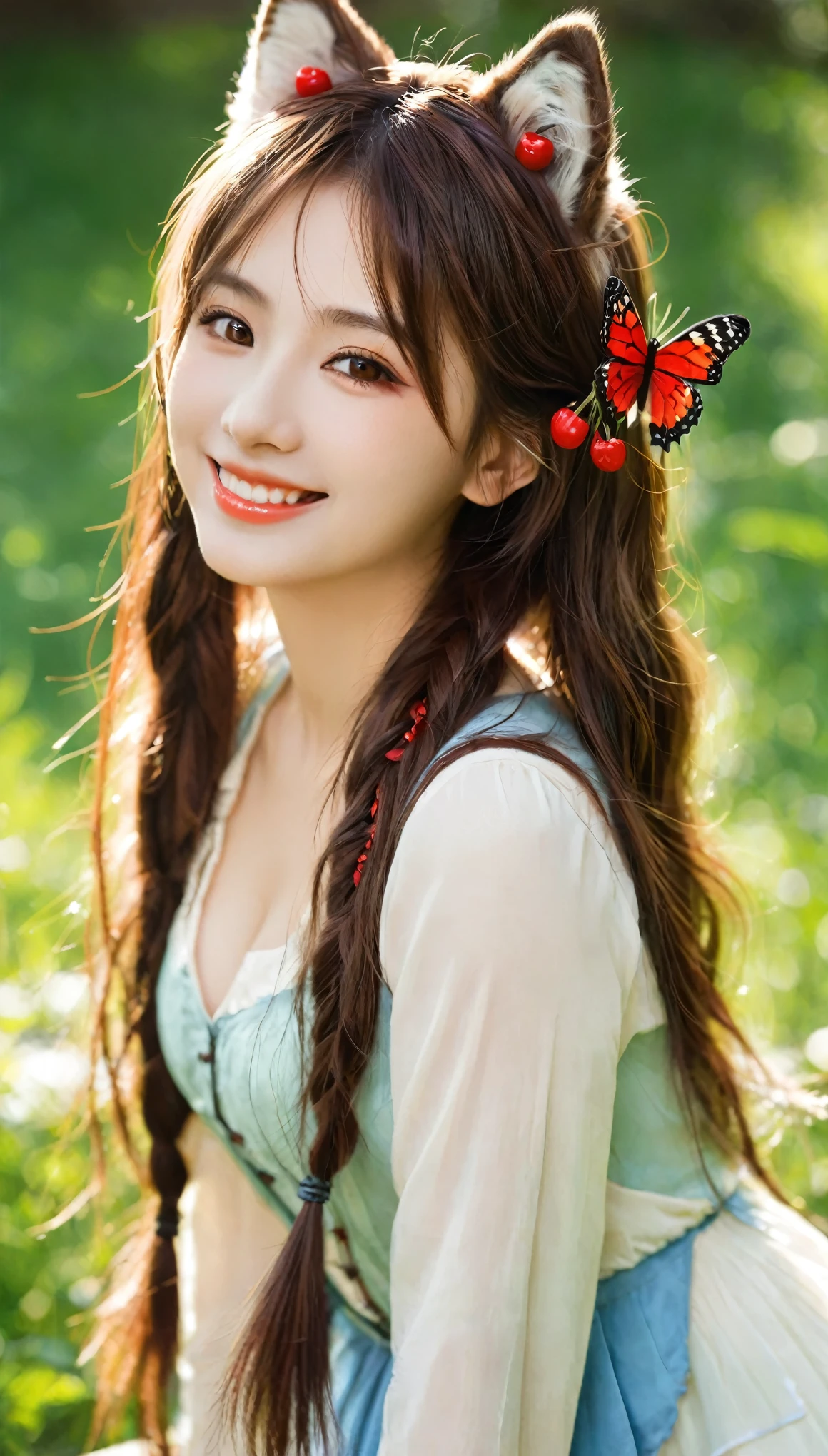 masterpiece,best quality, 1 Girl, Solitary, Smile, Smile, cherry, Dappled sunlight, Butterfly, grass animal ears,Wolf ears,Long hair, Tail, wolf Tail, Red Eyes, Wolf Girl,Brown hair,,  