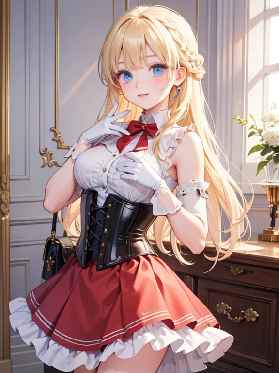 masterpiece, highest quality, Very detailed, 16k, Ultra-high resolution, Cowboy Shot, 14-year-old girl, Perfect Fingers, Detailed face, blue eyes, Blonde, Braid, Long Hair, Red dress, corset, Long ruffled skirt, Drawers, White long gloves, royal palace, Dance Venues