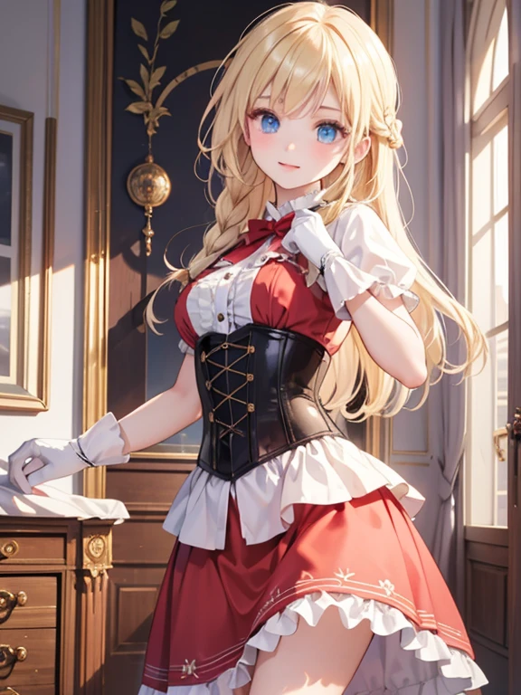 masterpiece, highest quality, Very detailed, 16k, Ultra-high resolution, Cowboy Shot, 14-year-old girl, Perfect Fingers, Detailed face, blue eyes, Blonde, Braid, Long Hair, Red dress, corset, Long ruffled skirt, Drawers, White long gloves, royal palace, Dance Venues