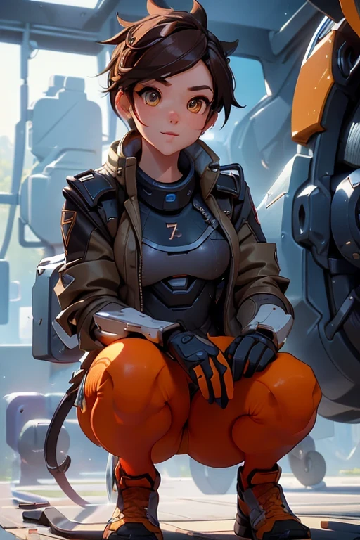 1girl, squatting pose, in a high tech aircraft hangar, tracerover, 25 years old, brown hair, spiked hair, short hair, jacket, bodysuit, orange goggles, ((detailed)), ((best quality)), ((masterpiece)), extremely detailed CG unity 8k wallpaper, 32k, focus sharp, photo of perfecteyes eyes, perfecteyes eyes, Masterpiece, raw, beautiful art, professional artist, 8k, very detailed face, very detailed hair, perfectly drawn body, beautiful face, very detailed eyes, smiling, rosey cheeks, intricate details in eyes, perfect fit body, beautiful body, extremely detailed, intricate details, highly detailed, sharp focus, detailed skin, realistic skin texture, texture, detailed eyes, high resolution, kodak vision color, foto_\(ultra\), post-processing, maximum detail, roughness, real life, ultra realistic, photorealism, photography, absurdres, RAW photo, highest quality, high detail RAW color photo, professional photo, extremely detailed UHD 8k wallpaper unit, best quality, highres, (masterpiece, top quality, high resolution:1.4), photo, cinematic, film grain, sharp, soft natural light, magic photography, super detailed, anatomically correct, perfect anatomy, remove extra leg, remove extra limb, remove extra gadgets.