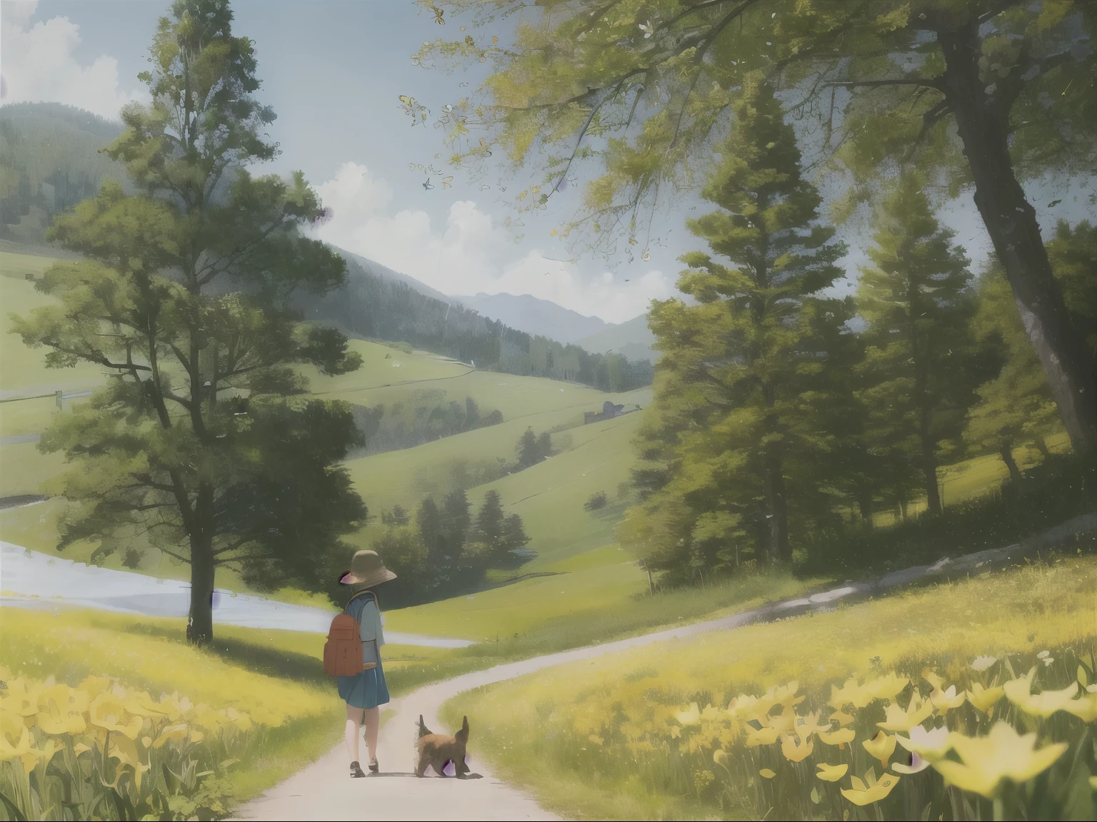 An incredibly charming  carrying a backpack, accompanied by her adorable puppy, enjoying a lovely spring outing surrounded by beautiful yellow flowers and natural scenery. The illustration is in high definition at 4k resolution, with highly-detailed facial features and cartoon-style visuals, (Butterfly Dance)