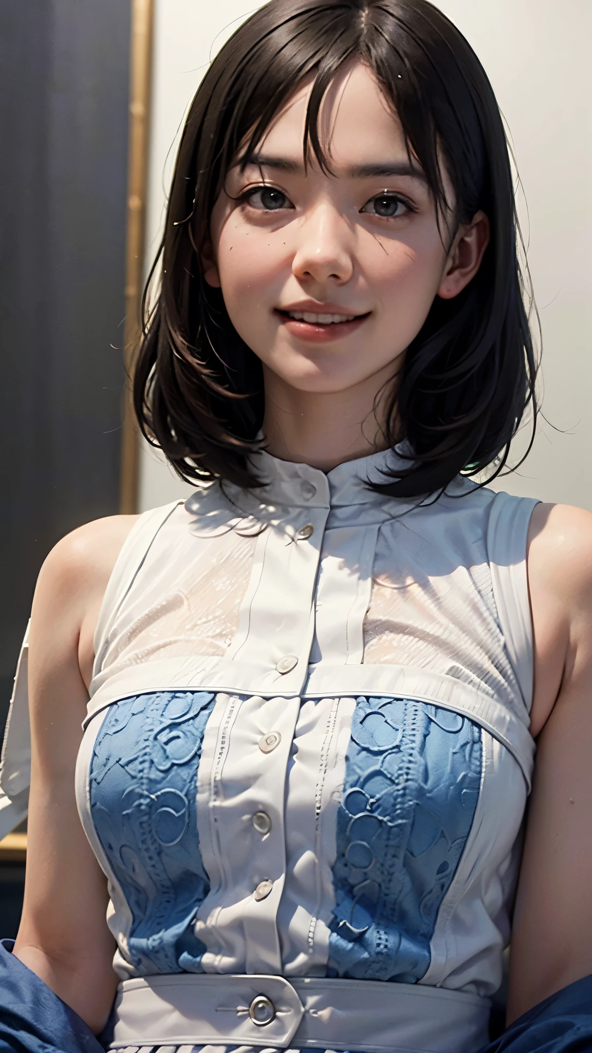 "(highest quality,8k,High resolution,masterpiece:1.2),Very detailed,(Realistic,photoRealistic,photo-Realistic:1.37),(Realistic:1.37),One beautiful woman、short hair,Deep black eyes,21 years old,Light Brown Hair,Blue clothes,Blue uniform,Moderate:Oil,Portrait of a Woman,smile,Vibrant colors,Soft lighting,Studio settings,Fine brushwork,White skin,Gentle expression,Subtle highlights,Thin hair bundle,A confident gaze,Classic black and white palette,Dramatic contrast,Bold composition,Mystery hint,Refined elegance,Professional Poses,Graceful posture,Perfect detail,Smooth skin texture,Perfect symmetry,The beauty of film: a mysterious smile,Sublime Art