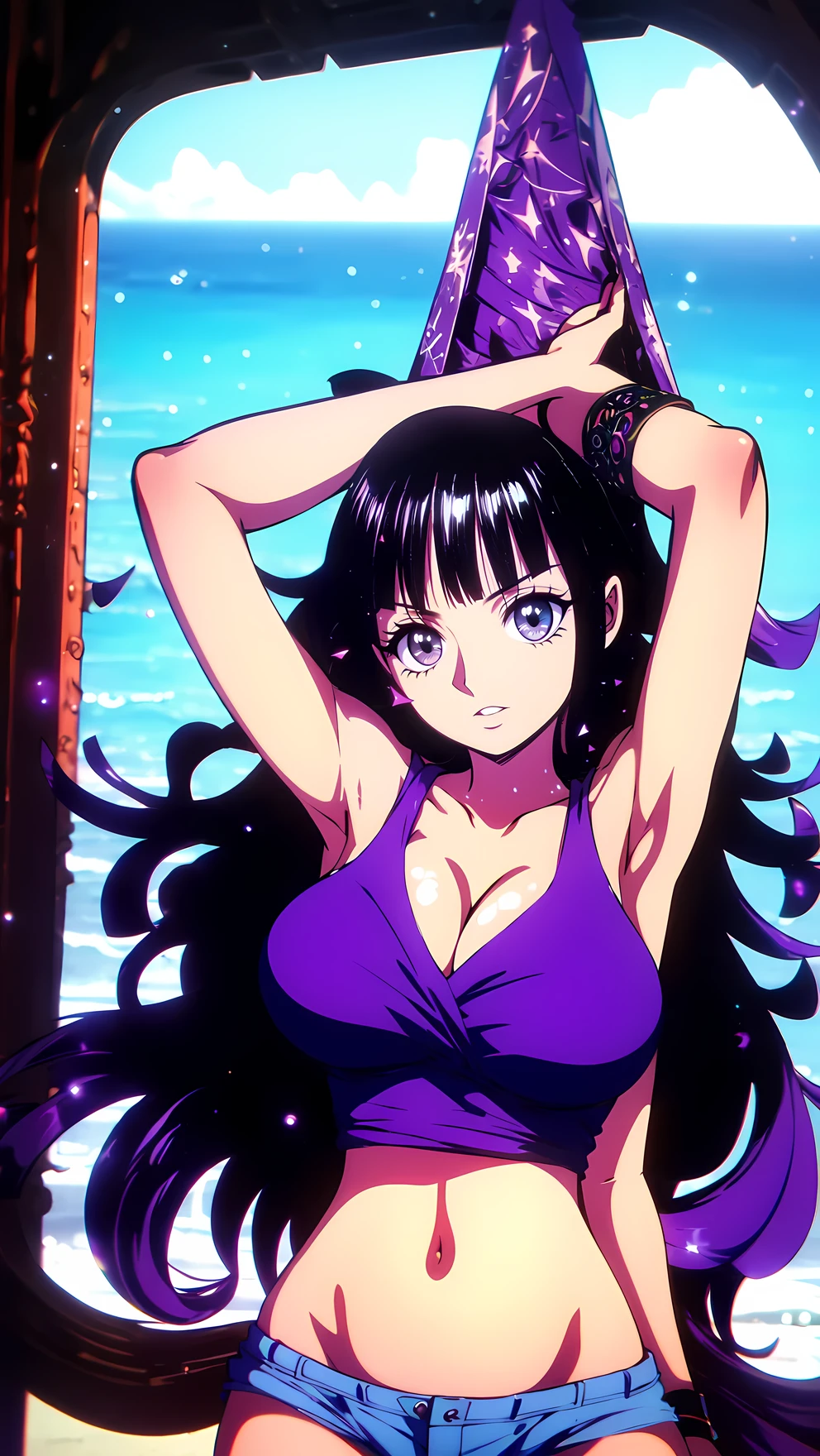 A young girl, long black wavy hair with purple highlights, Galactic purple eyes, bangs, light skin ,Correct eyes and long eyelashes, Top without stain and shorts ,36dd breasts , Upper body view ,8k quality One piece style,Ocean and ship view