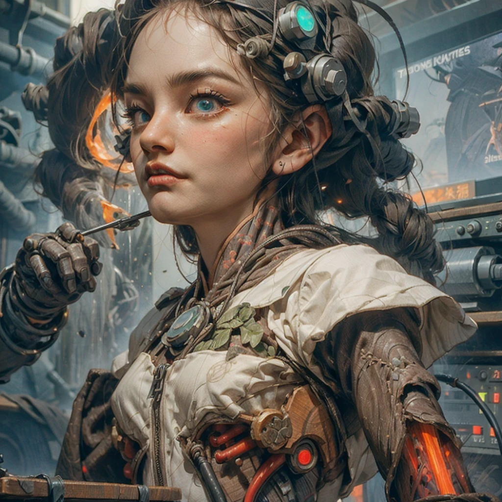 female robot pilot, mechanical creature, electronic wires relays computer nerves, girl face, dystopian surrealism, alex ries zdzisaw beksinski giger, very intricate details, demon chinese female, deep luminous eyes contain galaxies, head contains nebula, deep aesthetic, concept art, carved silver circuits diodes resistors semiconductors, highly ornate