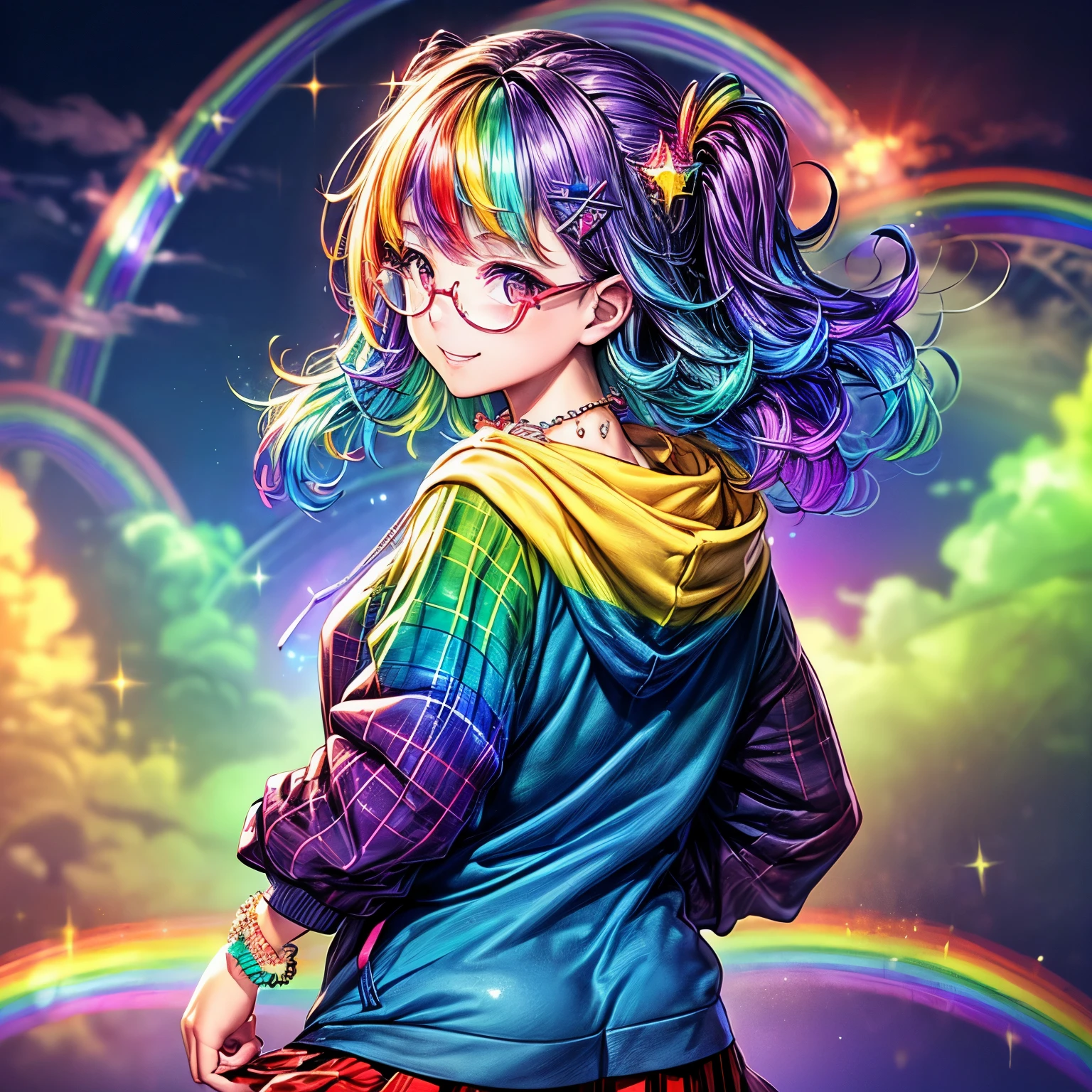 ((worst quality, low-quality)), masutepiece, Best Quality, ultra-detailliert,​ masterpiece, (Background of a big rainbow in the blue sky), (close-up: 1.3), (face focus: 1.4), (gals:1.2), ((big breasts)), (((Looking back))), (cute Pose:1.2),(Uniform: 1.2), (Wear a rainbow-colored oversized zip hoodie on top: 1.4), (White collared shirt that fits the body: 1.3), (Red Plaid Pleated Skirt:1.3), plump shiny lips, Beautiful clear eyes, (The best smile), Spoken Heart, ((Necklace,Colorful bracelets,X Hair Ornament):1.2), (Rainbow-colored frame under-rim glasses:1.4), ((glow rainbow)), (rainbow particles, rainbow sparkles, rainbow rays:1.4),