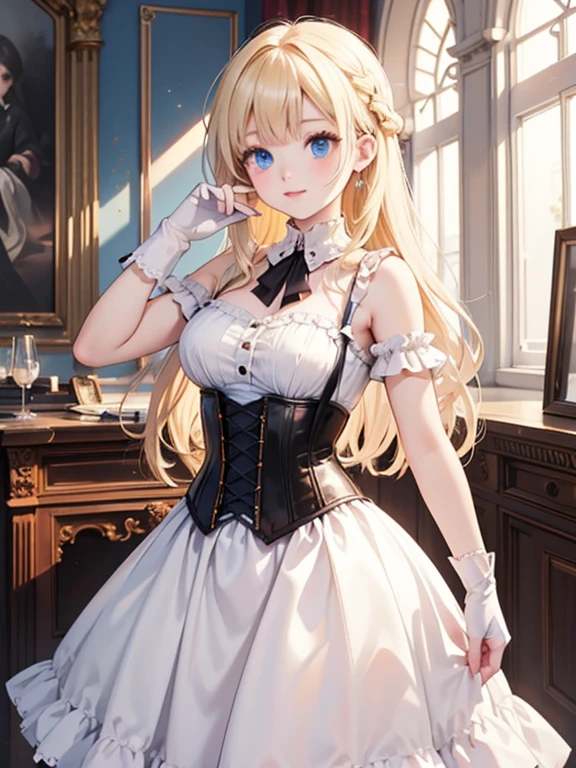 masterpiece, highest quality, Very detailed, 16k, Ultra-high resolution, Cowboy Shot, -yeld gi Perfect Fingers, Detailed face, blue eyes, Blonde, Braid, Long Hair, Red Gothic Dress, corset, Long Skirt, Drawers, White long gloves, royal palace, Dance Venues, Many nobles in the background