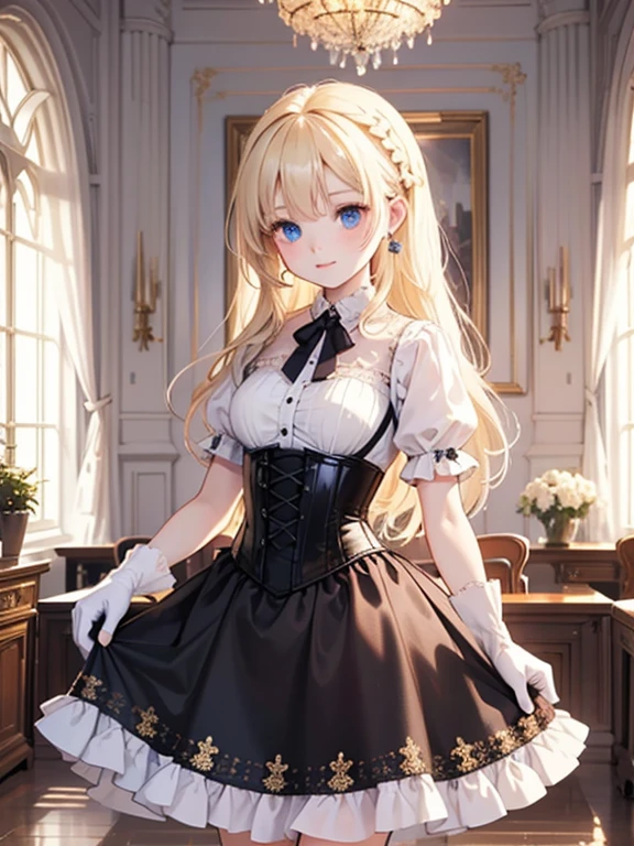 masterpiece, highest quality, Very detailed, 16k, Ultra-high resolution, Cowboy Shot, 14-year-old girl, Perfect Fingers, Detailed face, blue eyes, Blonde, Braid, Long Hair, Red Gothic Dress, corset, Long Skirt, Drawers, White long gloves, royal palace, Dance Venues, Many nobles in the background