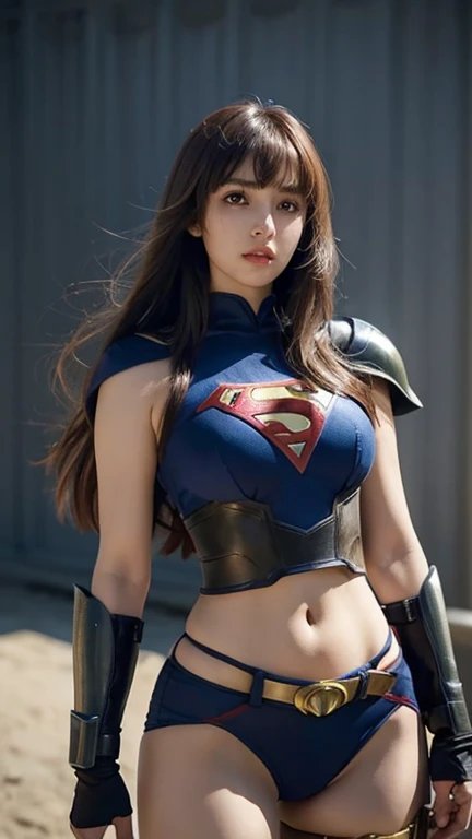 Busty women，One Girl，From below，Blunt bangs，Thighs，Waist-length hair，Superheroine Suit，Shoulder guard、Belt is a mechanic，