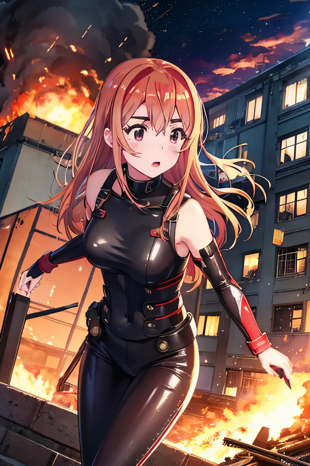 Sumi Sakurasawa、holding hundgun、at night、fence、1 girl、Black bodysuit、Infiltrate a military base、Tank Hangar、Military base exploding in flames、The building is on fire