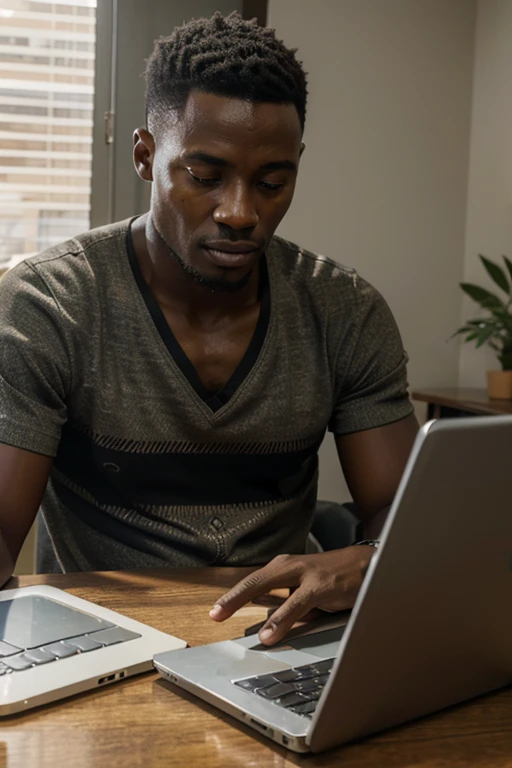 realistic, photorealistic, african man using laptop, social media, office setting, natural lighting, high resolution, 8k, detailed, cinematic