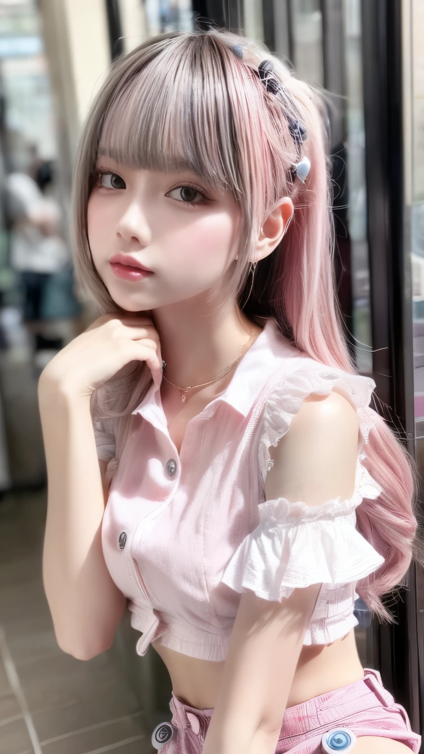 (Realistic、Like a photograph、Live Action、8k, Realistic, RAW Photos, Best image quality: 1.4), Single-lens reflex camera、RAW Photos, highest quality, Realistic, Highly detailed CG Unity 8k wallpaper, Written boundary depth, Cinematic Light, Lens flare, Ray Tracing, Realistic background、A landmine girl waiting for someone、((Wearing a pink blouse:1.4、Chest buttons open:1.3)、((She is wearing grey frilly shorts:1.1)、Small breasts))、((ultra high density skin))、 1 female,cute Japanese、Standing in front of the station, waiting for someone while looking at his smartphone、The whole body is visible:1.5、Wear sneakers:1.1、Long Hair:1.2、Pink inner color hair、stylish ambiance、Very detailed and perfect costume、(White skin)、Precise and beautiful legs:1.1、Side view、Field