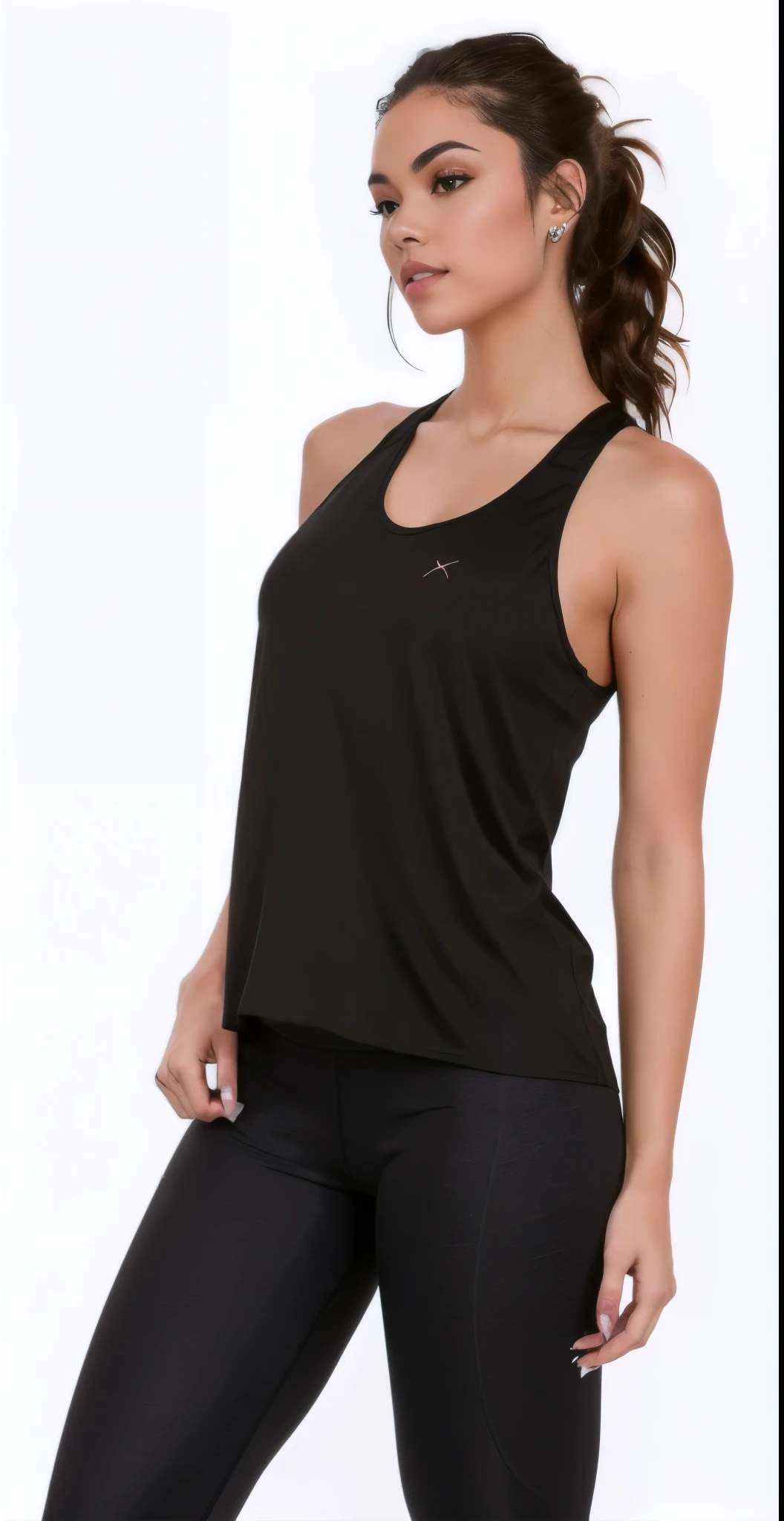 a woman in a preto tank top and leggings poses for a picture, she is wearing a preto tank top, preto tank top, preto tanktop, preto, tight preto tanktop, vestindo regata, Regata justa, wearing a preto cropped tank top, onyx, maxar, foto do produto, wearing a cropped preto tank top, vestindo uma camiseta muscular