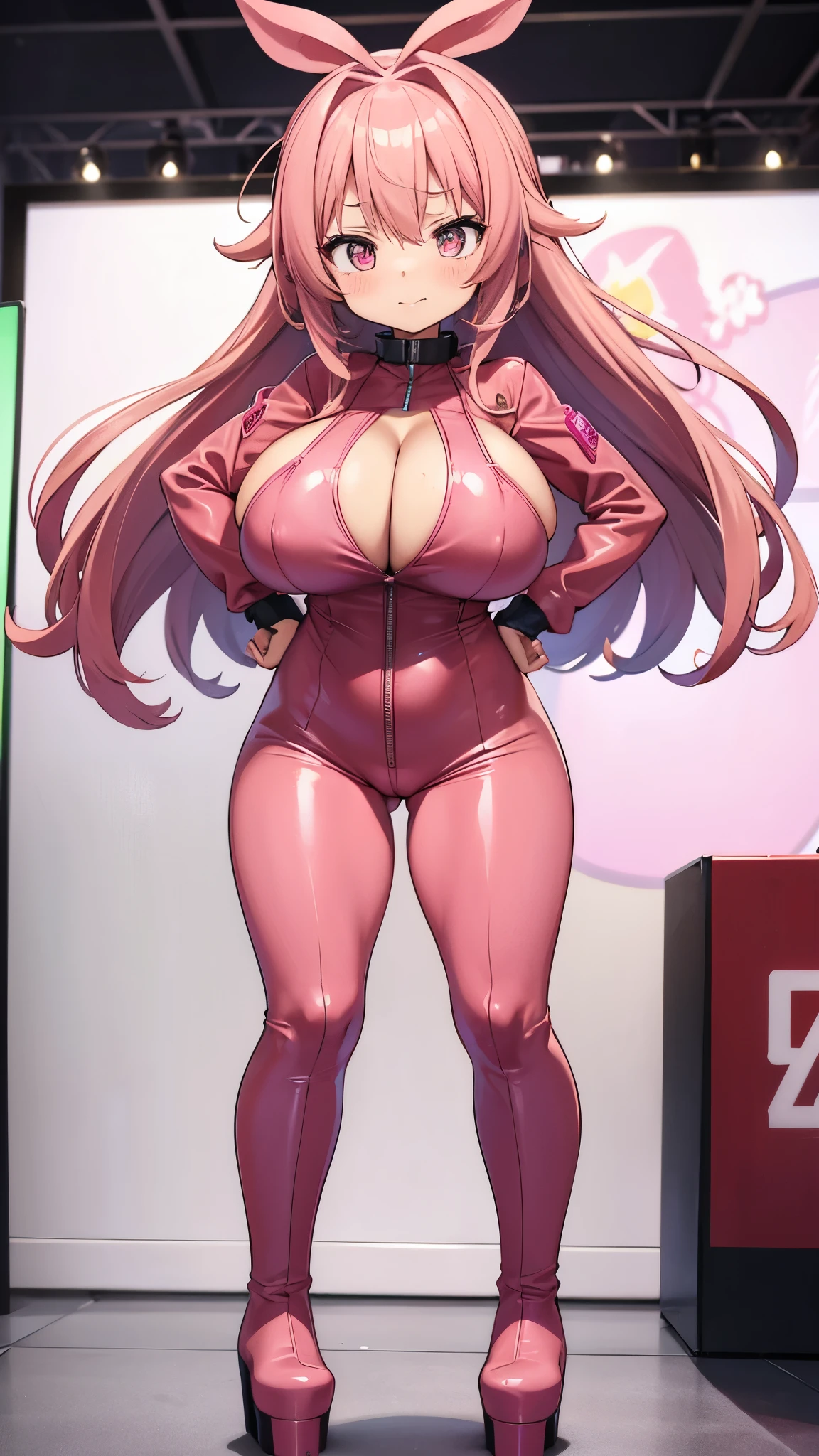 tiny slim cute girl with huge stands embarrassed in a an anime convention in skintight pink jumpsuit and extremely high pink leather platform heeled boots.
