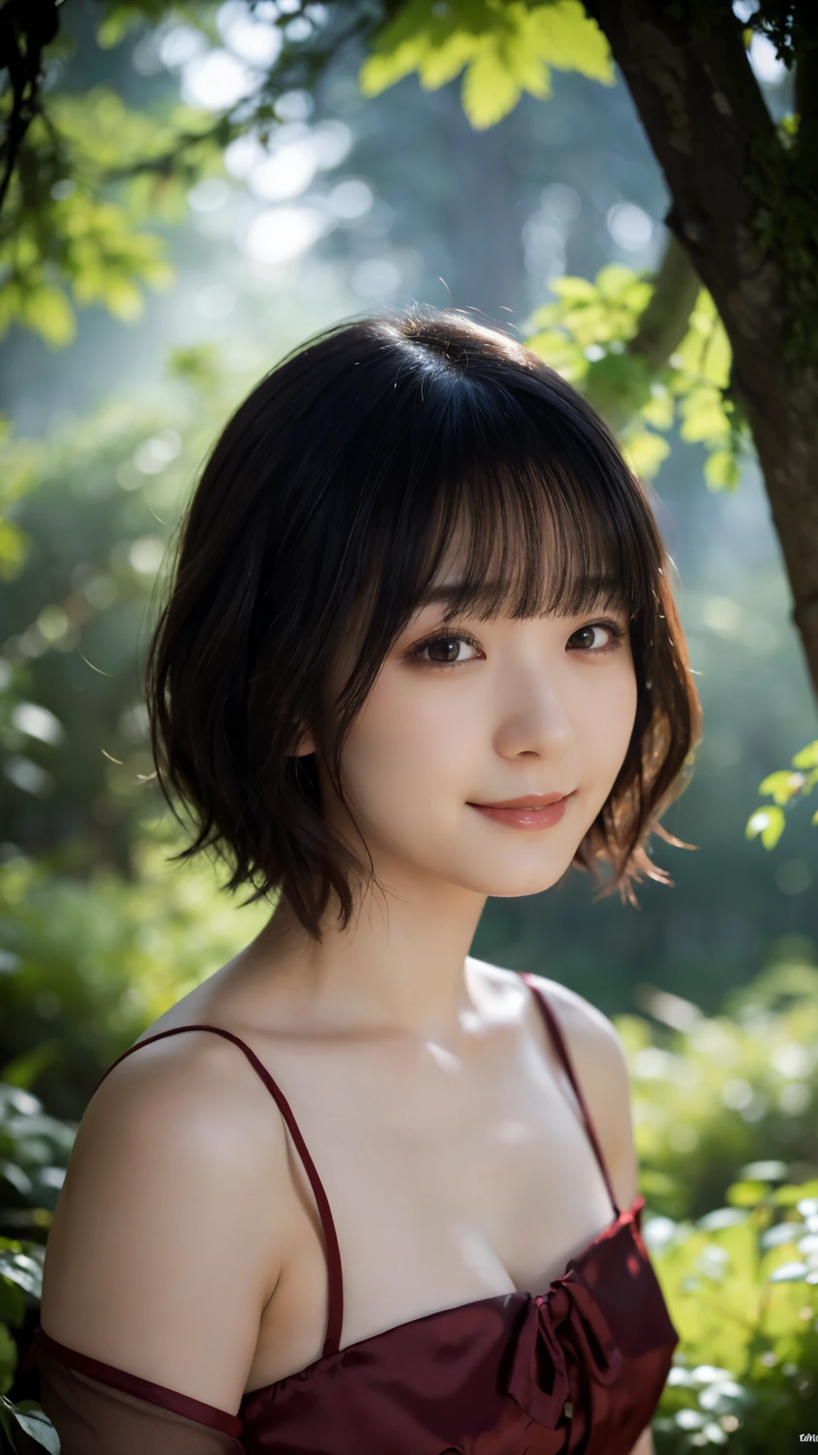 (highest quality,masterpiece:1.3,Ultra-high resolution),(Super detailed,Caustics,8k), (Photorealistic:1.4, RAW shooting),(A forest shrouded in a mysterious, dense fog),Sunlight filtering through the trees ,Light pours down,20-year-old,cute,Are standing,(smile),Looking into the camera,Black short hair,(Crimson Dress), (Bust up shot),Natural light