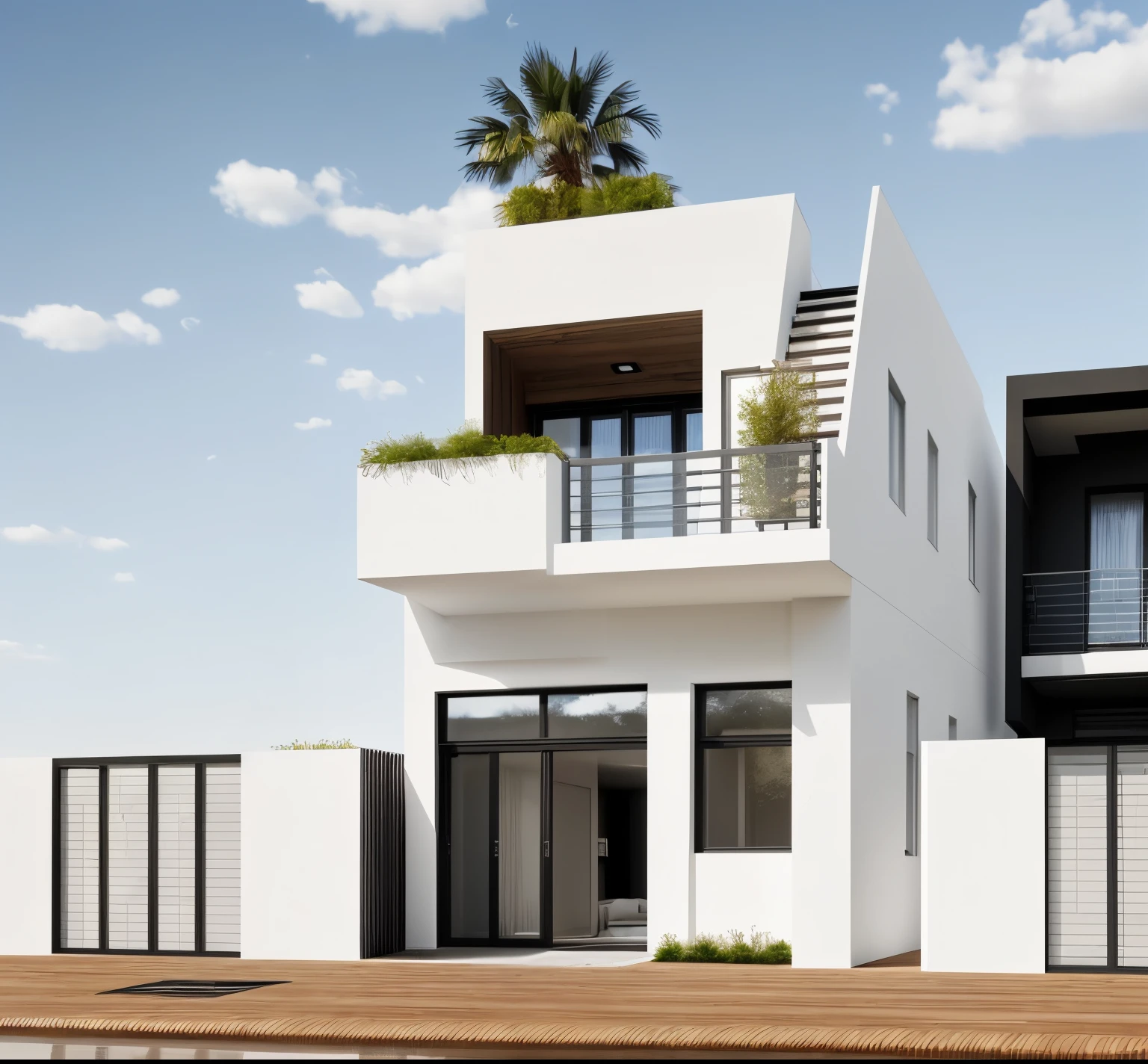 Modern 1-storey townhouse, white painted wall, black iron railing, Balcony floor covered with natural wood, daylight, clear sky, few clouds, Fresh air, curtains, Warm interior lighting,