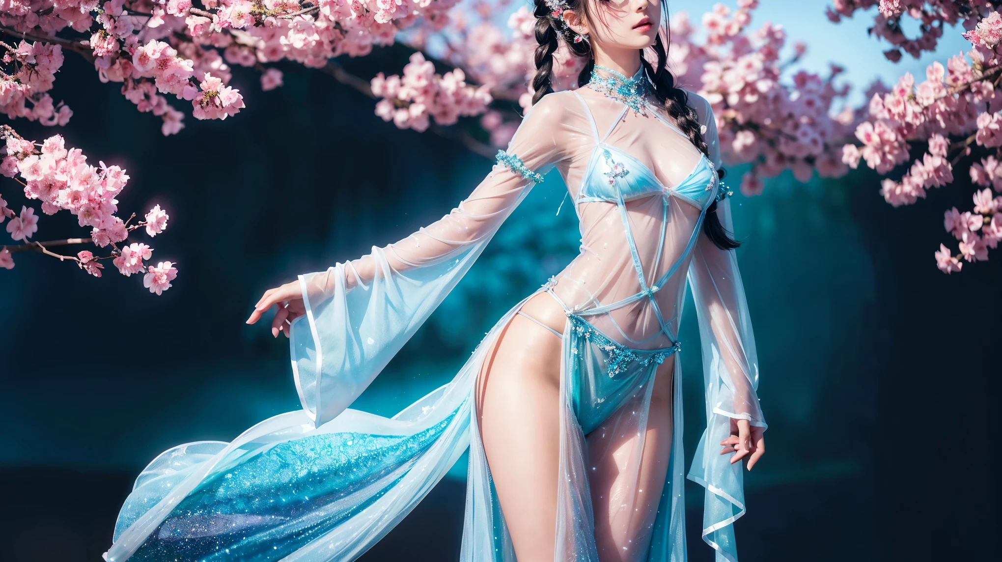 A story of a beautiful girl surrounded by love, Braided pigtails Beautiful eye details, An enchanting anime girl gracefully emerges from the watercolor page, Her vibrant and complex colors, Bring your artwork to life, (See-through, transparent clothing, Transparent costume:1.5), She wears a fantasy see-through outfit with transparent and ample breasts adorned with delicate details, Fascinating worldview, Luminous body, Glittering crystals surround her like air., Soft Cast, Otherworldly brilliance, Watercolor style、Give your images fluidity and delicacy, It's as if the colors are blending and blending naturally., Camera shooting: Medium Shot, Soft Focus, Illuminate Lighting, Watercolor brush strokes, Refined and highly detailed anime illustrations, Open-chested outfit, Iridescent Fabric, A beautiful girl illuminated by rainbow lights,Big Breasts,Saggy breasts