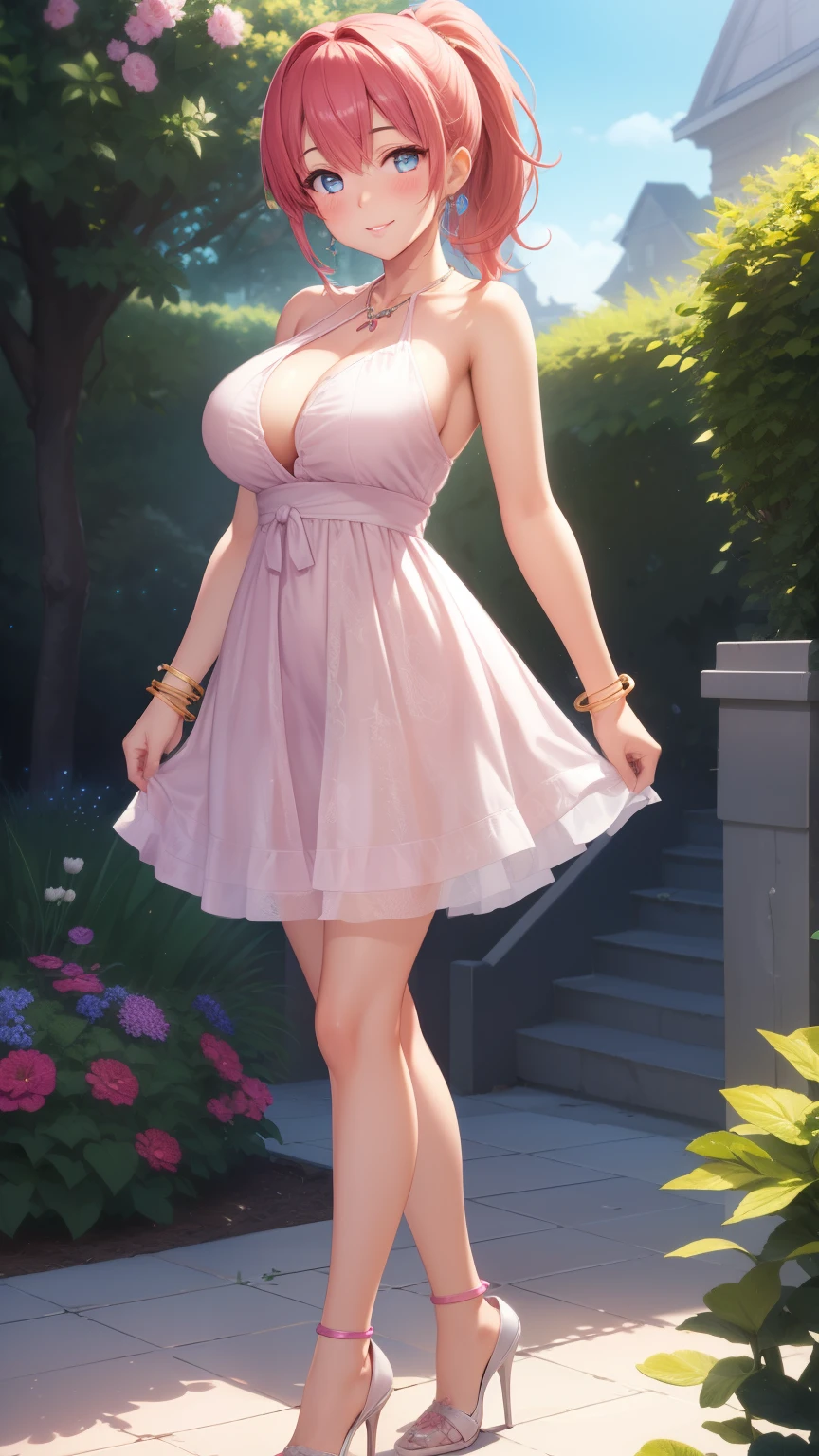 1girl, natural lighting, masterpiece, highly detailed, illustration, game CG, absurdres, high quality, aichan, large breasts, beautiful detailed eyes, medium bright pink hair, ponytail, bangs, glossy lips, light smile, blush, garden, halter top minidress, bracelets, necklace, jewelry, high heels, standing