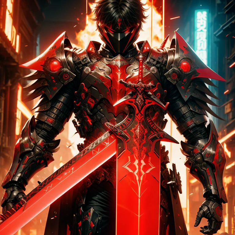 (masterpiece, best quality:1.2), a subject, A warrior in armour techno fantasy style, holy sword,(technological aggressive design), cyberpunk, 4K, UHD, (Photorealistic:1.4),Ultra high resolution, masterpiece, ultra realistic, ultra nitide, insane details, red and black color, (fire themed), ((face open discovery)), handling a red technofantasy decoured katana