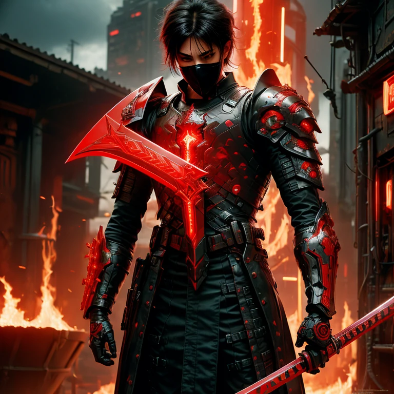 (masterpiece, best quality:1.2), a subject, A warrior in armour techno fantasy style, holy sword,(technological aggressive design), cyberpunk, 4K, UHD, (Photorealistic:1.4),Ultra high resolution, masterpiece, ultra realistic, ultra nitide, insane details, red and black color, (fire themed), ((face open discovery)), handling a red technofantasy decoured katana