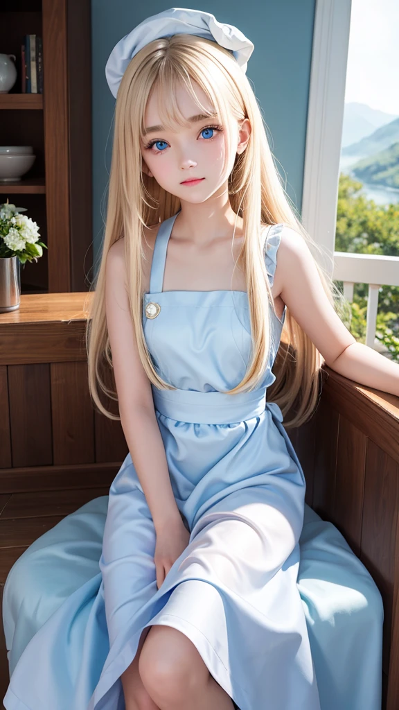 The Highest Quality、Ultra high Resolution、Photograph、Ultimate Beauty、Photo of a bright beautiful and cute beautiful girl、detailed Face、(PureErosface_V1:0.008)、Glossy white beautiful skin、Alice in Wonderland、、Beautiful bangs、Silky shiny platinum blonde super long straight hair、Beautiful light blue eyes that shine、white apron、blue dress、Leaning forward、Mid-chest、Looked、White swimsuit、valley