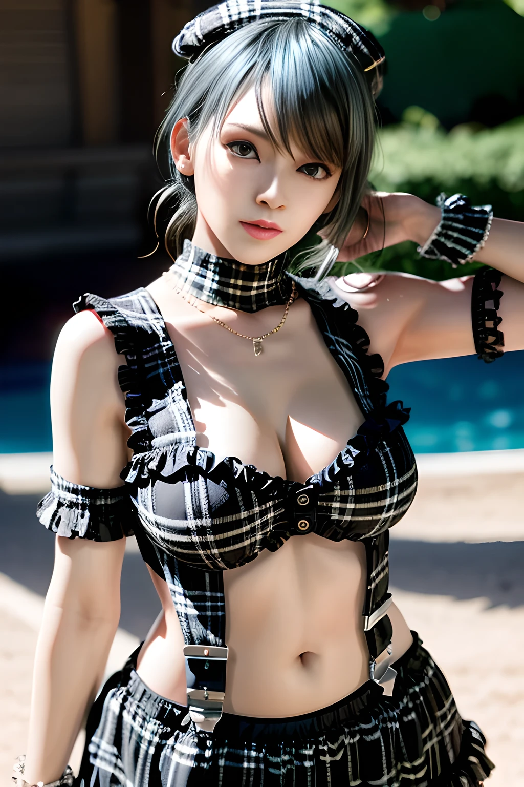 1girl, BREAK (black and white theme:1.4),  (sleeveless black and white [plaid pattern] sundress:1.4), (bare shoulders:1.3), (suspenders with frills:1.2), (tiered skirt with ruffles:1.3), (knit arm warmers:1.3),  , appealing cleavage,( beautiful tattoo:1.2), overhead view, beautiful detailed eyes, beautiful detailed lips, extremely detailed eyes and face, long eyelashes, feminine charm, detailed texture, snug fit, fashionable, soft fabric, radiant skin, (best quality,4k,8k,highres,masterpiece:1.2), ultra-detailed, (realistic,photorealistic,photo-realistic:1.37), tamaki