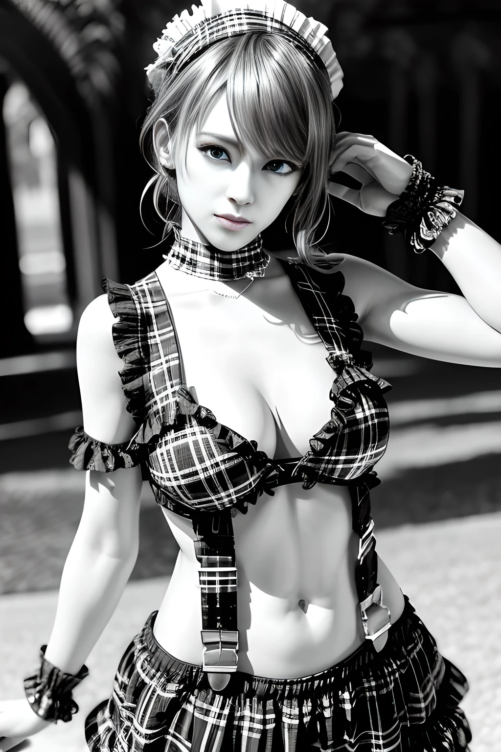 1girl, BREAK (black and white theme:1.4),  (sleeveless black and white [plaid pattern] sundress:1.4), (bare shoulders:1.3), (suspenders with frills:1.2), (tiered skirt with ruffles:1.3), (knit arm warmers:1.3),  , appealing cleavage,( beautiful tattoo:1.2), overhead view, beautiful detailed eyes, beautiful detailed lips, extremely detailed eyes and face, long eyelashes, feminine charm, detailed texture, snug fit, fashionable, soft fabric, radiant skin, (best quality,4k,8k,highres,masterpiece:1.2), ultra-detailed, (realistic,photorealistic,photo-realistic:1.37), tamaki