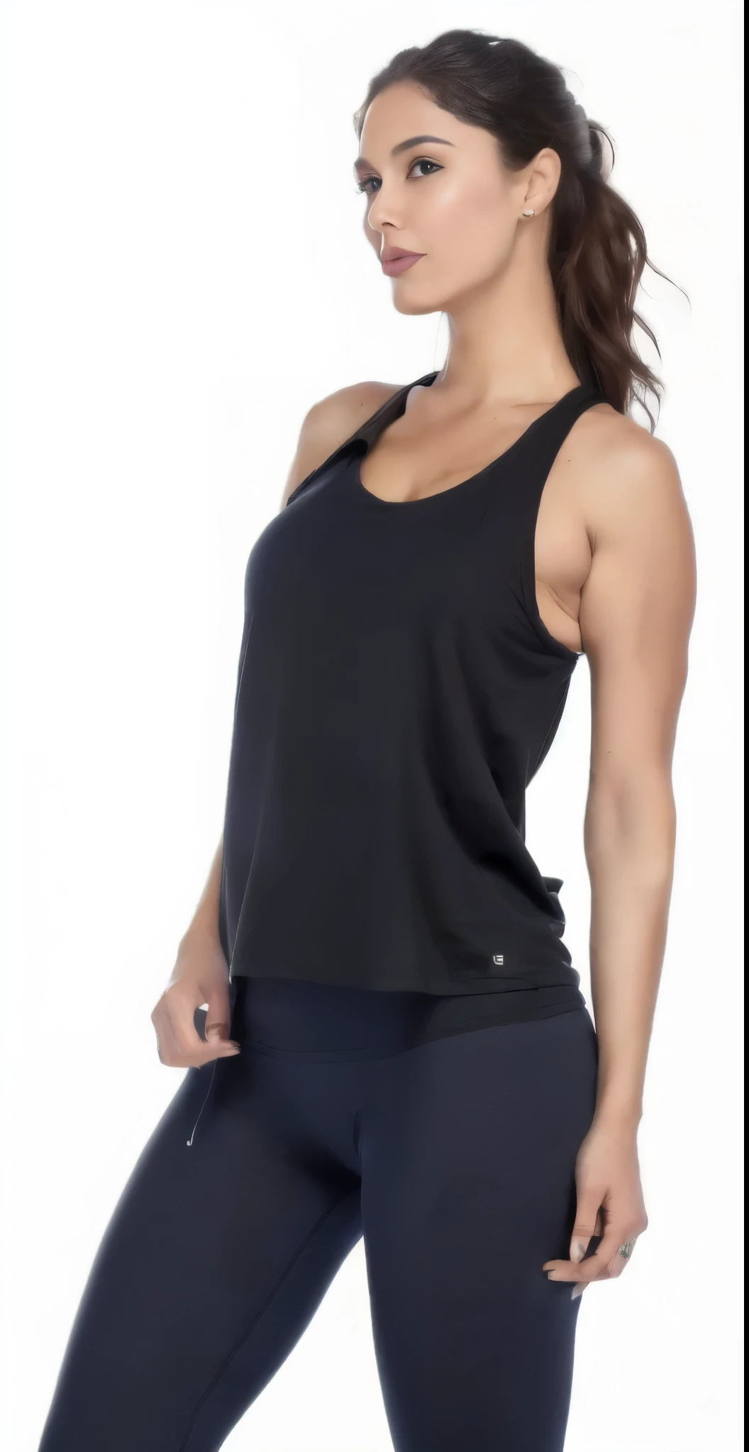 a woman in a preto tank top and leggings poses for a picture, she is wearing a preto tank top, preto tank top, preto tanktop, preto, tight preto tanktop, vestindo regata, Regata justa, wearing a preto cropped tank top, onyx, maxar, foto do produto, wearing a cropped preto tank top, vestindo uma camiseta muscular