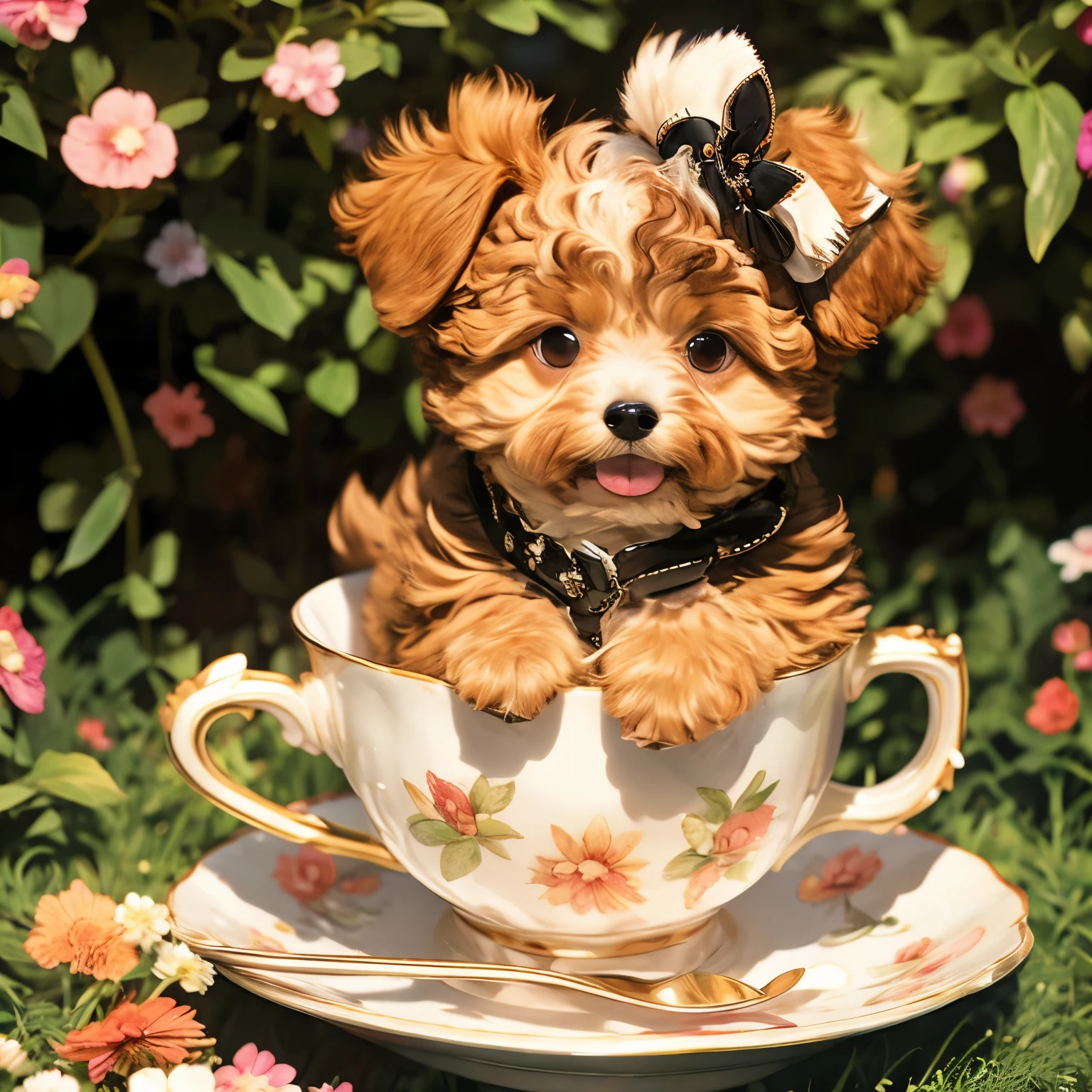 Toy poodle in a teacup, Cute Anime, Full body brown