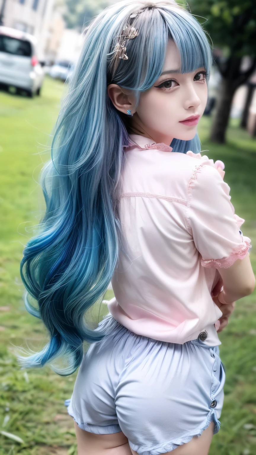 (Realistic、Like a photograph、Live Action、8k, Realistic, RAW Photos, Best image quality: 1.4), Single-lens reflex camera、RAW Photos, highest quality, Realistic, Highly detailed CG Unity 8k wallpaper, Written boundary depth, Cinematic Light, Lens flare, Ray Tracing, Realistic background、A landmine girl waiting for someone、((Wearing a pink blouse:1.4、Chest buttons open:1.3)、((She is wearing grey frilly shorts:1.1)、Small breasts))、((ultra high density skin))、 1 female,cute Japanese、Standing in front of the station, waiting for someone while looking at his smartphone、The whole body is visible:1.5、Wear sneakers:1.1、Long Hair:1.2、Blue inner color hair、stylish ambiance、Very detailed and perfect costume、(White skin)、Precise and beautiful legs:1.1、View from behind、Field