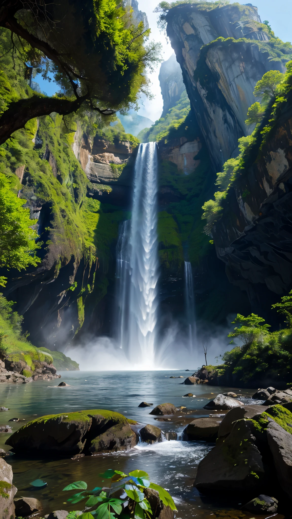 (breathtaking,majestic) mountain panorama, (azure,blue) sky, (verdant,green) forests, (vibrant,colorful) blooms, (pristine,crystalline) waterfall, (dizzying,towering) heights, (rugged,sturdy) cliffs, (moss-covered,overgrown) stones, (symphony,sounds) of visual and auditory delights, (heart-stirring,awe-inspiring) natural wonder, (adorned,decorated) with nature's beauty, (explorer,adventurer) within, (realistic,hyperrealistic) rendition