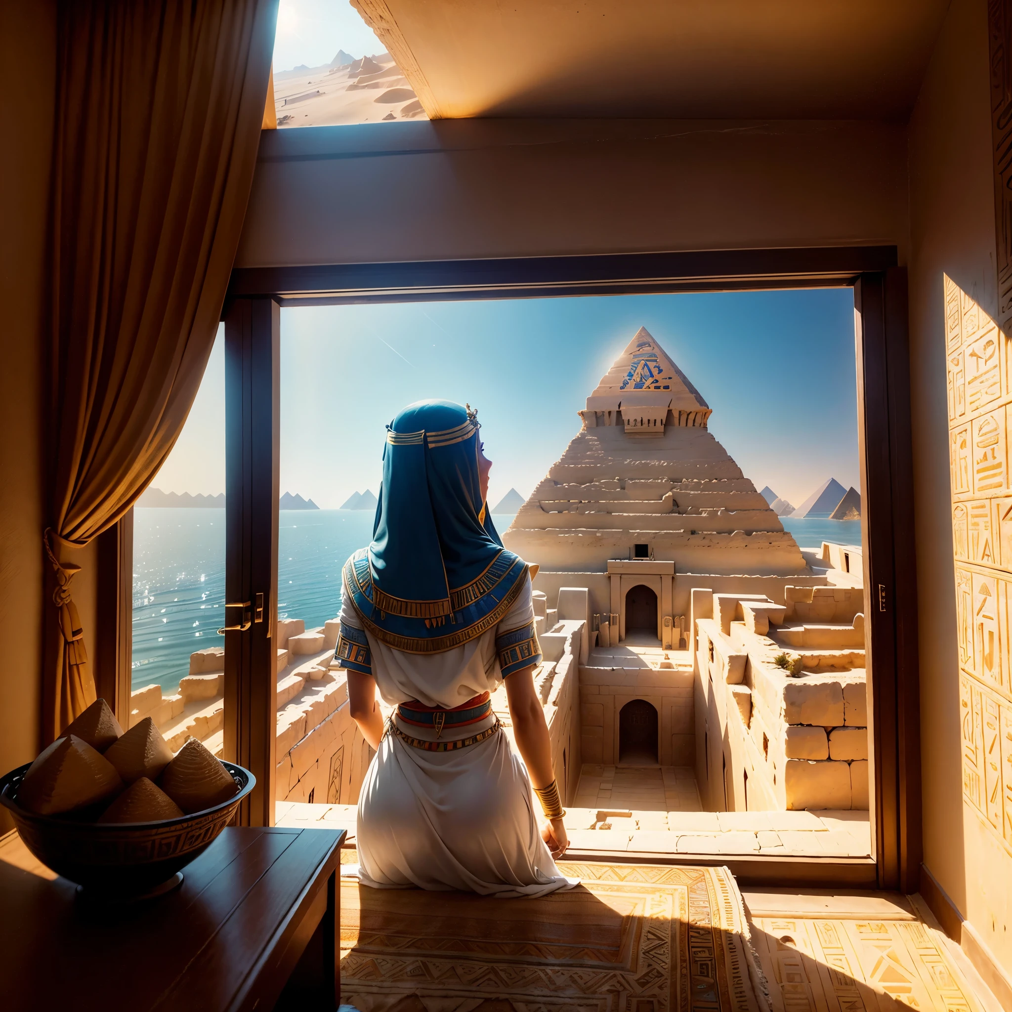 A beautiful Woman looks in amazement from inside the Pyramid (home) at the beautiful exterior landscape of Egypt. Ancient Egyptian civilization, wide shot, the Nile River, new pyramid, pyramid building, modern Egypt but 3500 BC The river extends to the horizon, epic feeling, sensation of greatness. View from inside, top of a pyramid (the highest).
