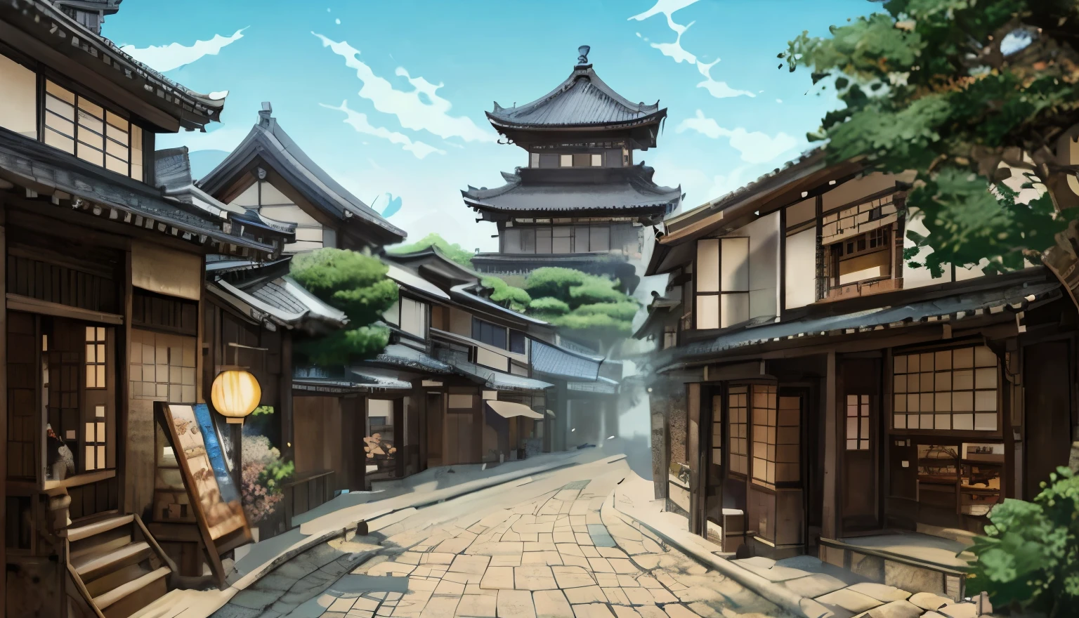 Here is a photo of a street with a pagoda in the background, Japanese Street, Japan Streets, Japanese cities, Anime Background Art, Japanese Village, Traditional Japanese concept art, Anime Scenery concept art, edo japan, Set in feudal Japan, Anime Scenery, Japanese countryside, beautiful Anime Scenery, Beautiful anime scene, feudal japan art, Beautiful peaceful scene in anime