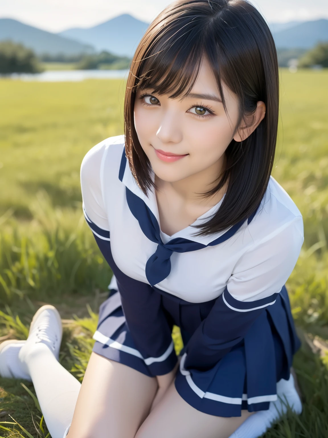 (highest quality:1.5)、(Realistic:1.5)、(1 person:1.5)、Very detailed、High resolution、8k、medium breasts、Natural color lips、Cute Smile、Japanese women、20-year-old girl、Beautiful and elegant face、Perfect and beautiful face、Balanced big eyes、Brunette eyes、Beautiful and elegant face、Natural double eyelids、Natural Bangs、Beautiful thin nose、Beautiful Skin、(Medium Bob Hair)、Natural Bangs、Perfect and beautiful face、Slim face and figure、Summer blue sky、Grass park on the mountain、Look at the viewers、School Sailor Uniform、White short-sleeved blouse shirt, navy pleated micro miniskirt,、Knee-high socks、Beautiful navel、Open the navel、臍が見えるSchool Sailor Uniformを着ている、High-angle composition、(Staring at the camera with a sweet smile)、Bright lighting、Professional Lighting、Forward lighting、Beautiful feet:1.2、Smooth Skin、Slim Body、Slim waistline、slim thin thighs、(Kneeling on the grass)、(Take a photo from slightly below)、Stand on one knee、Clover Grass、